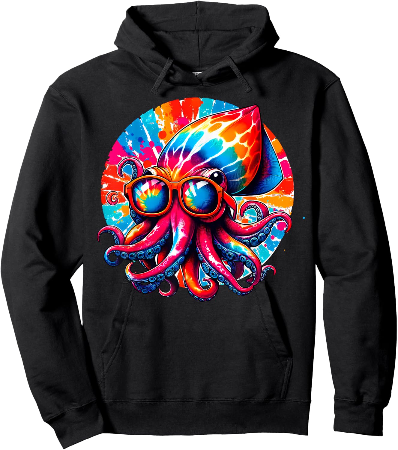 Cool Graphic Tie Dye Sunglasses Squid Illustration Art Hoodie - Hoodie | Black