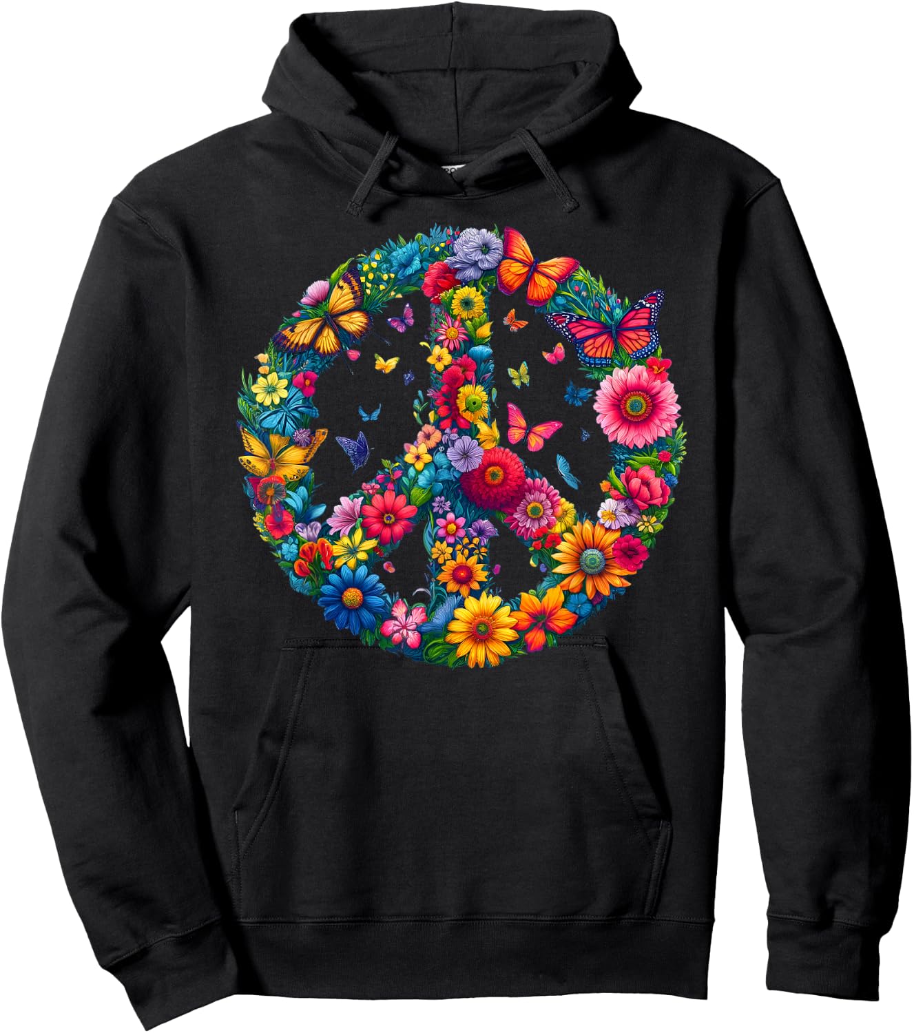 Floral Peace Sign Colorful Butterflies Harmony Love Nature Hoodie - Hoodie | Black