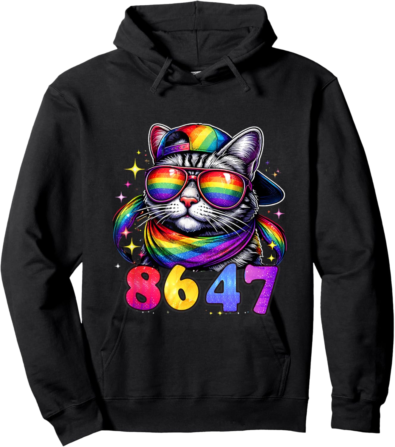 8647 Rainbow Cat Sunglasses Funny Pride Protest Graphic Hoodie - Hoodie | Black