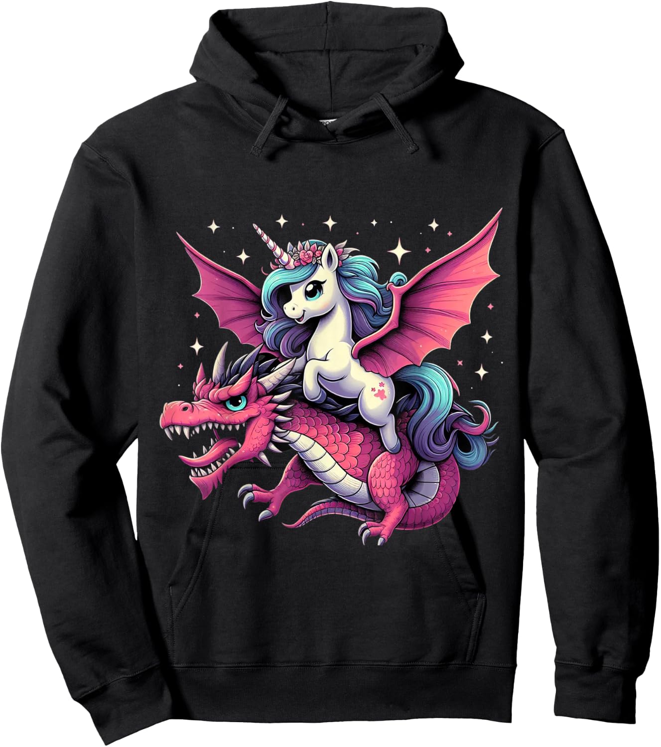 Unicorn Riding Dragon Boys Girls Women Kids Teens Rainbow Hoodie - Hoodie | Black