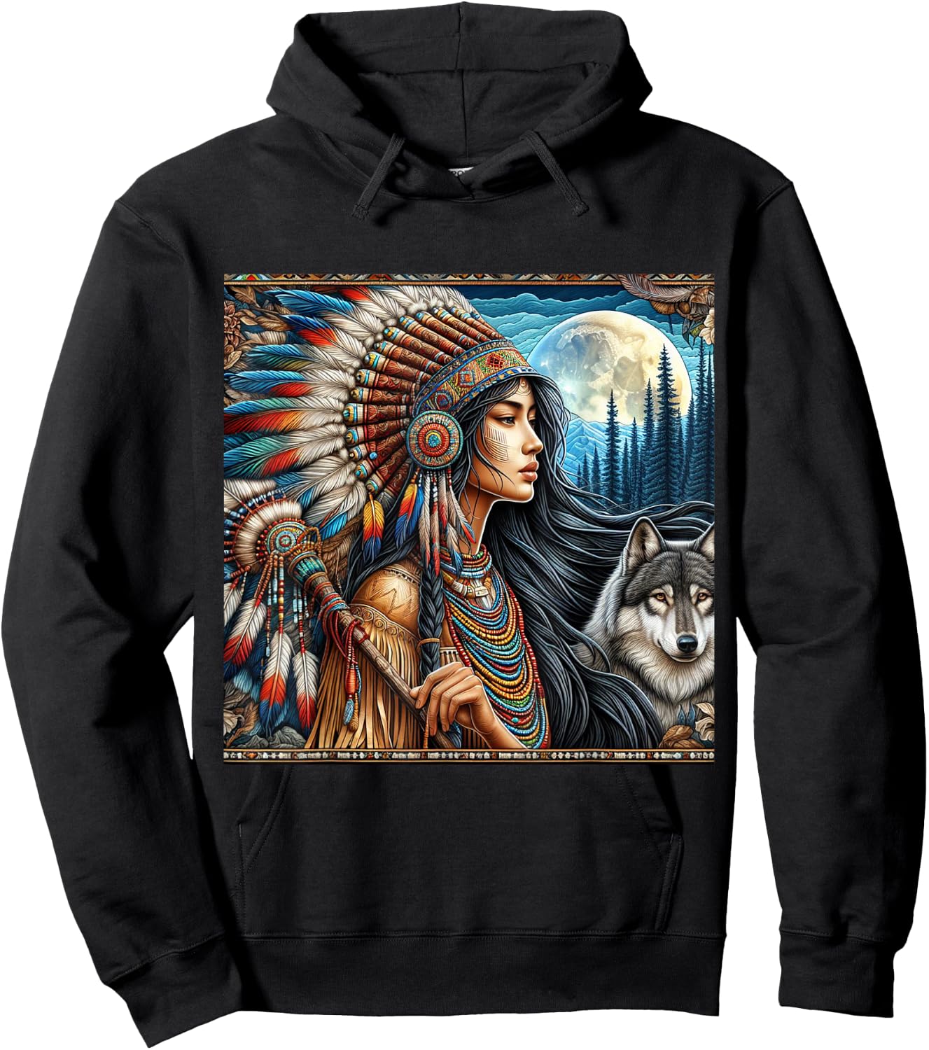 Indian Native American Woman with White Wolf Vintage Gifts Hoodie - Hoodie | Black