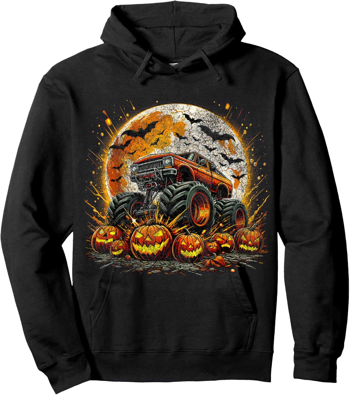 Monster Truck Pumpkin Halloween Jack O Lantern Moon Hoodie - Hoodie | Black