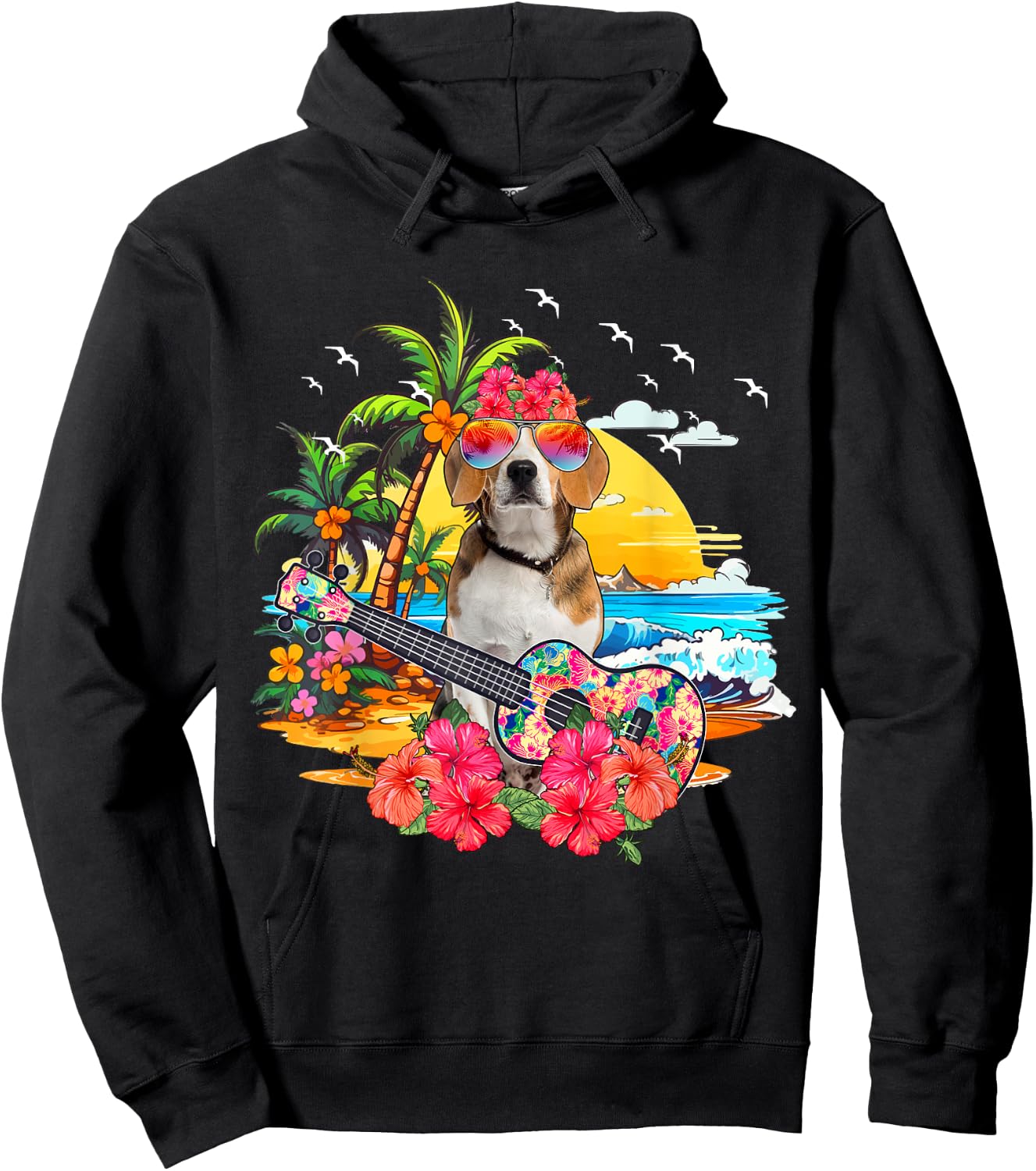 Hawaiian Floral Beagle Sunglasses Playing Guitar On Beach Hoodie - Hoodie | Black