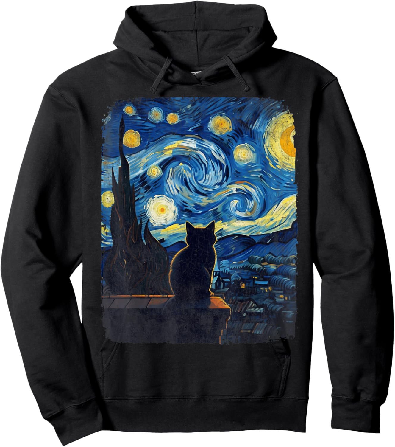 Cat Gifts for Cat Mom Dad Starry Night Van Gogh Cat Hoodie - Hoodie | Black