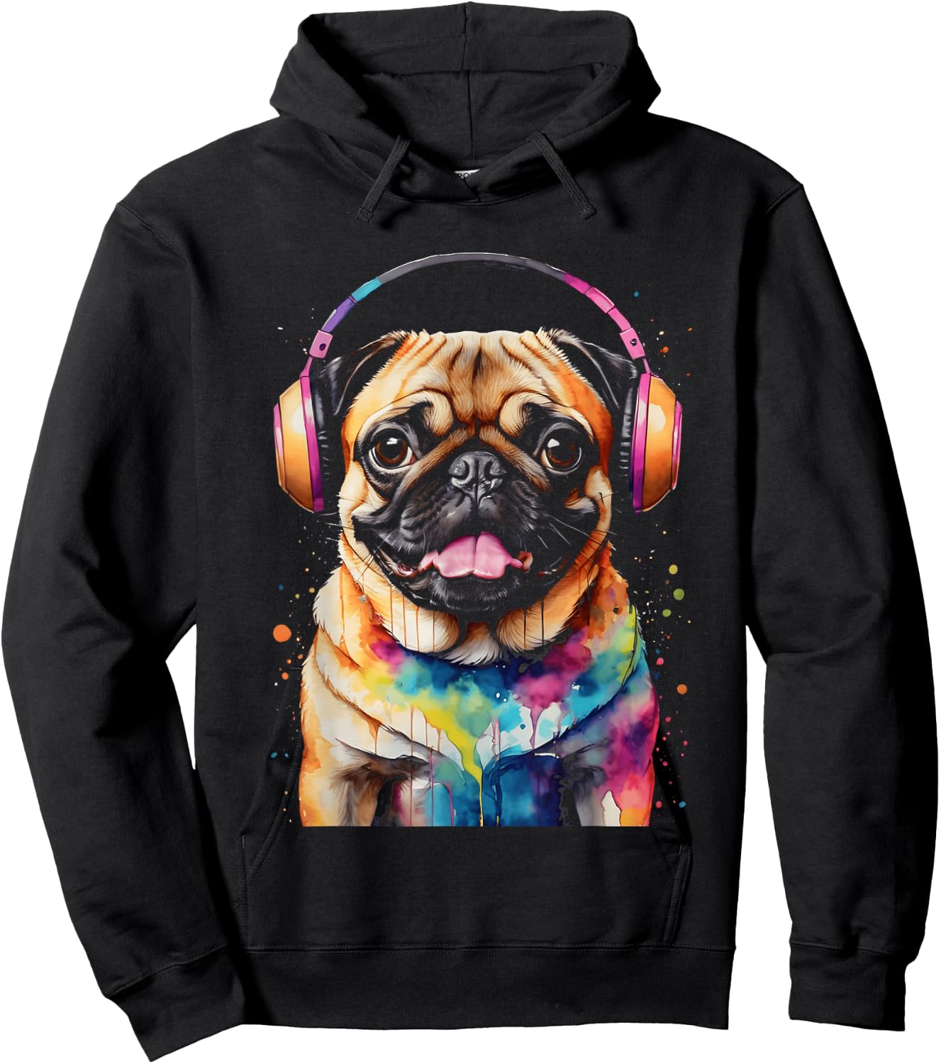 Pug Headphones Dog Colorful Funny Animal Art Print Graphic Men Women Kids Hoodie - Hoodie | Black