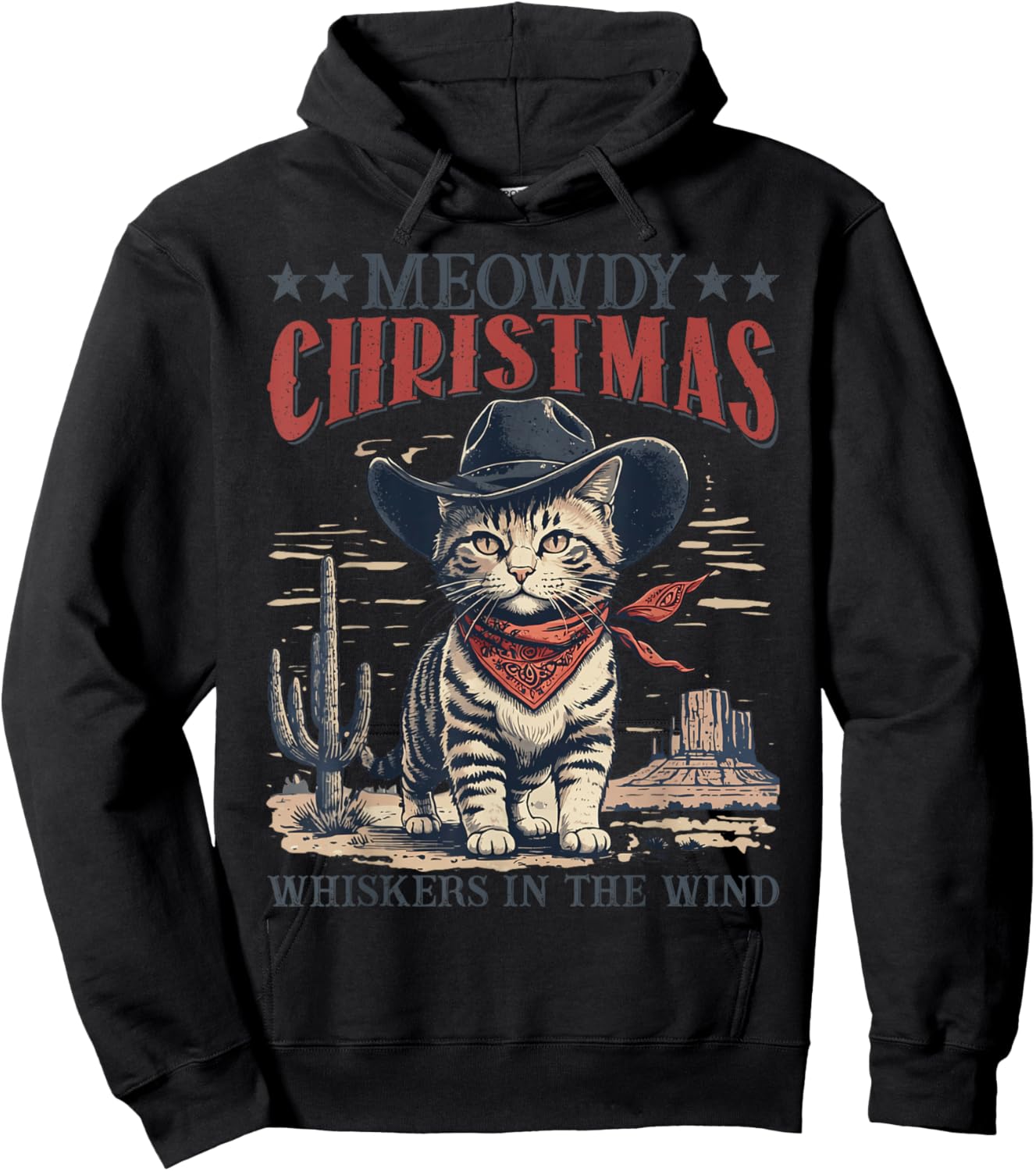 Meowdy Partner Cowboy Cat Christmas Vintage Cowboy Cat Santa Hoodie - Hoodie | Black