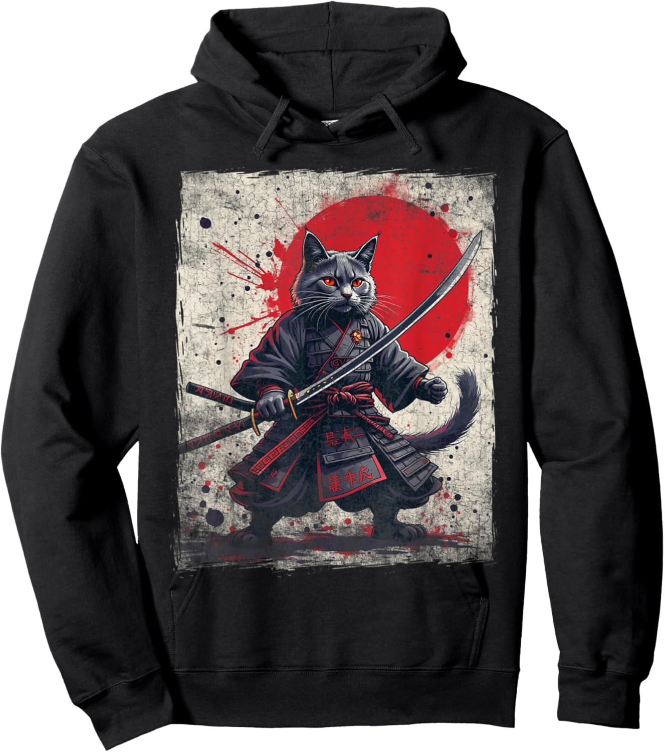 Samurai Cat Ukiyo-e Warrior Art Vintage Ninja Cat Graphic Women Kids Hoodie - Hoodie | Black