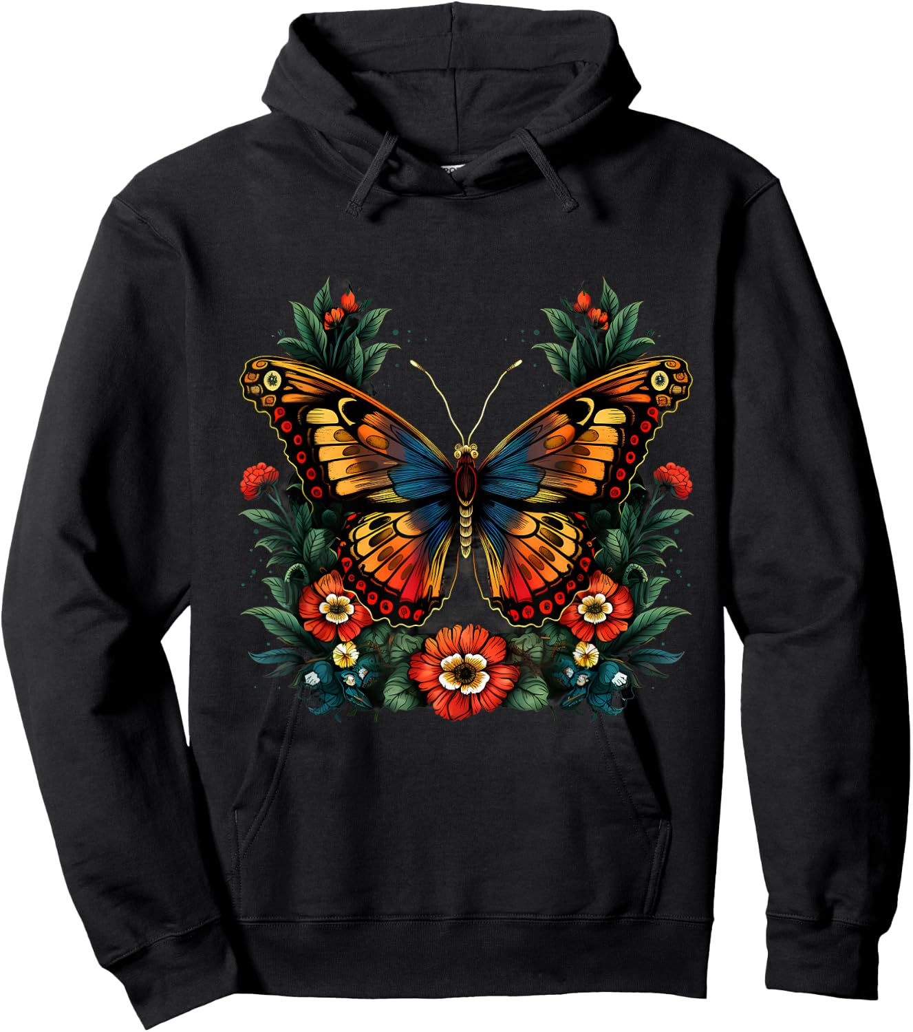 Butterfly Flower Artwork Floral Animal Art Nature Wildlife Hoodie - Hoodie | Black