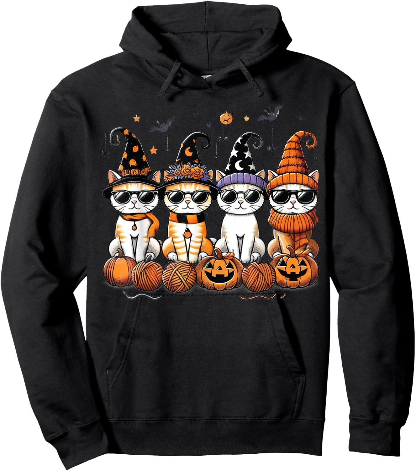 Cute Cats Witch Hat Funny Halloween Pumpkin Women Girls Hoodie - Hoodie | Black