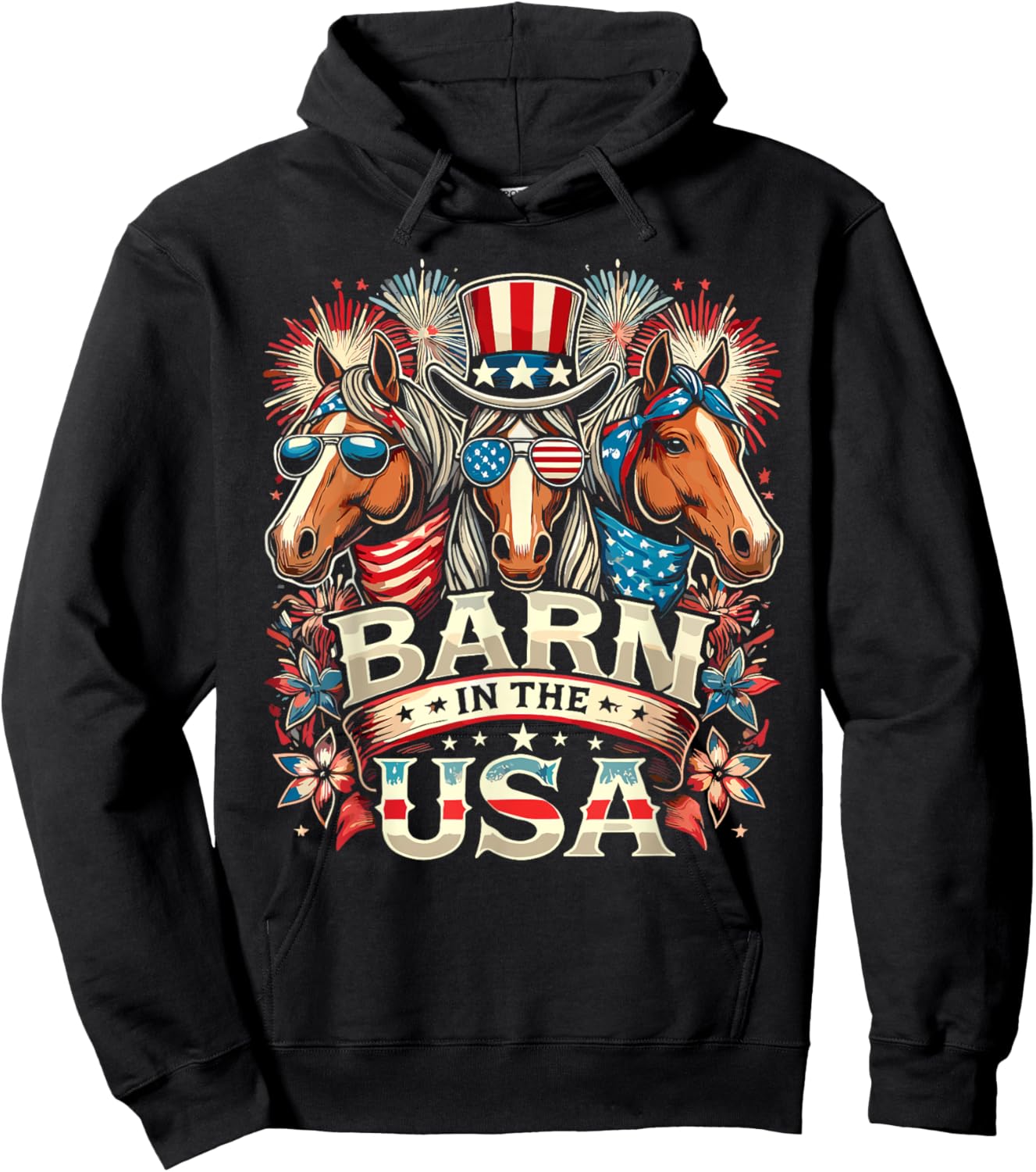 Barn In The USA 4th Of July Horse Patriotic Women Kids Men Hoodie - Hoodie | Black