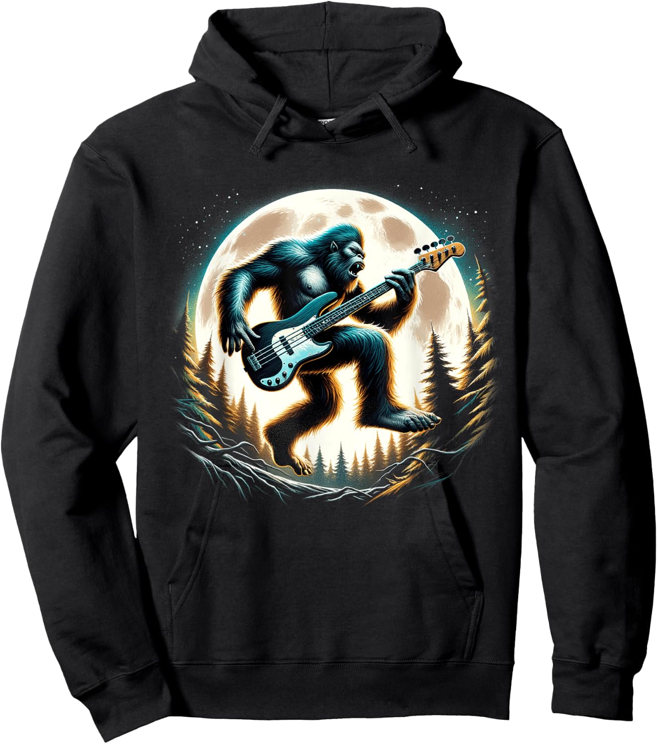 Sasquatch Bigfoot Playing Bass Guitar Full Moon Rockstar Hoodie - Hoodie | Black