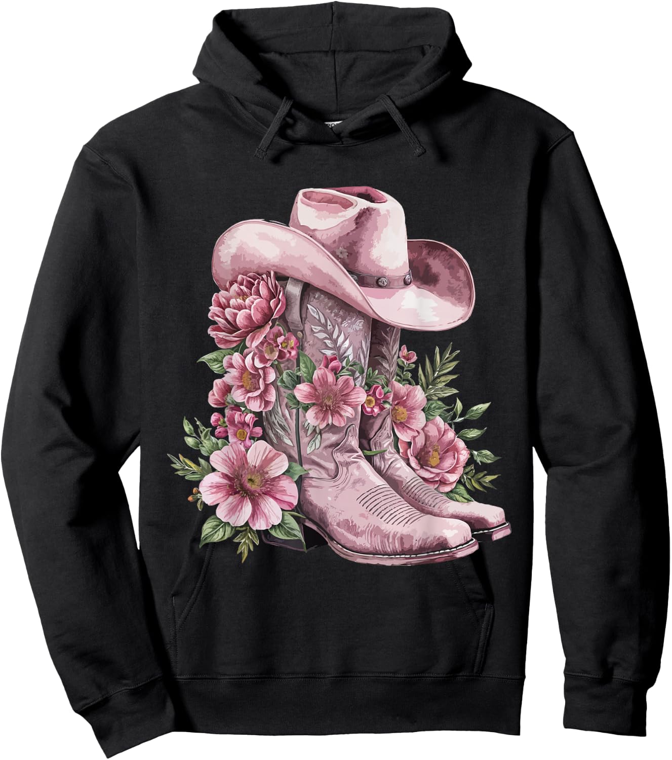 Watercolor Cowgirl Floral Boots Hat Western Boots Boho Women Hoodie - Hoodie | Black