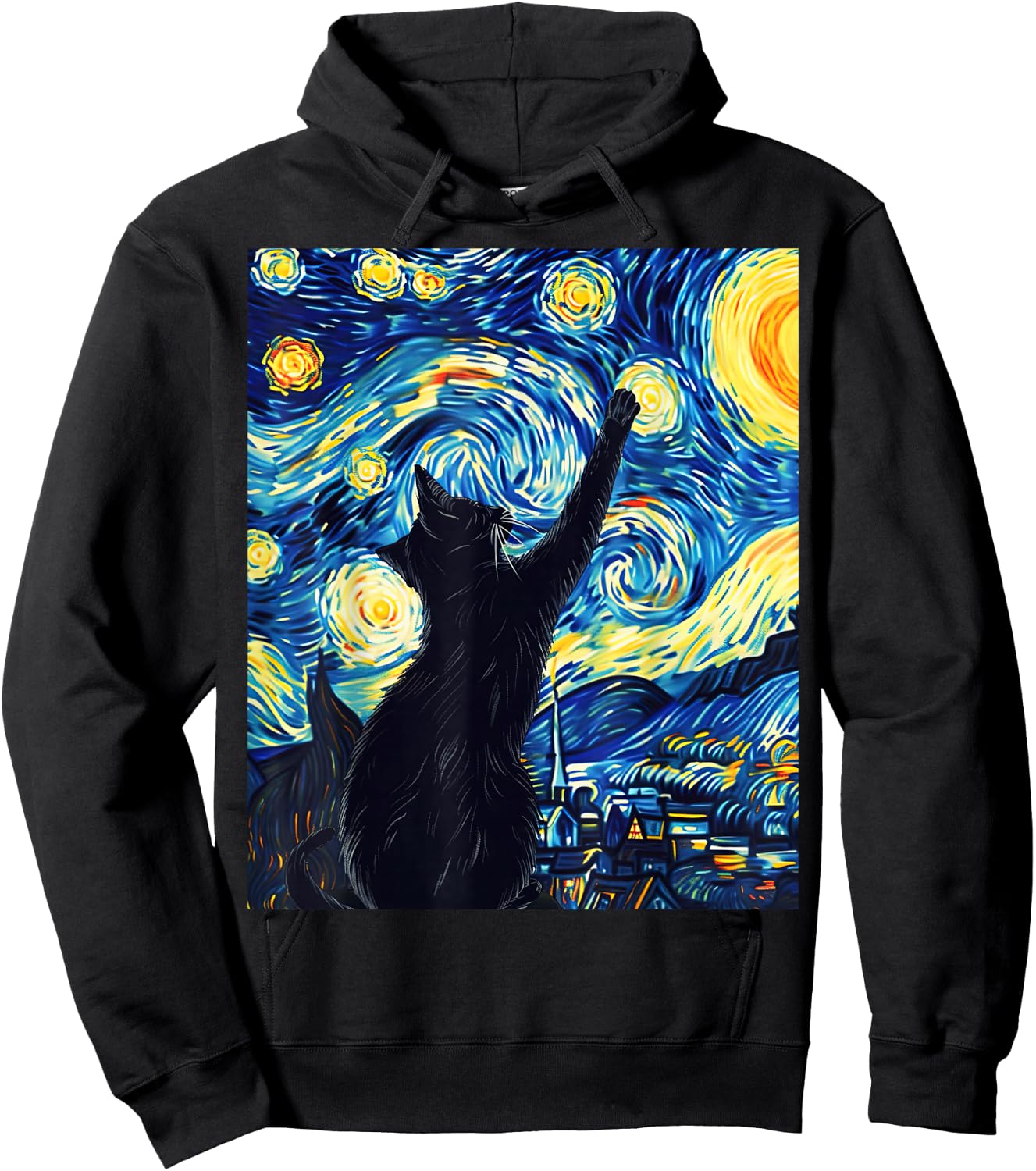 Van Gogh Style Starry Night Cute Cat Art Hoodie - Hoodie | Black