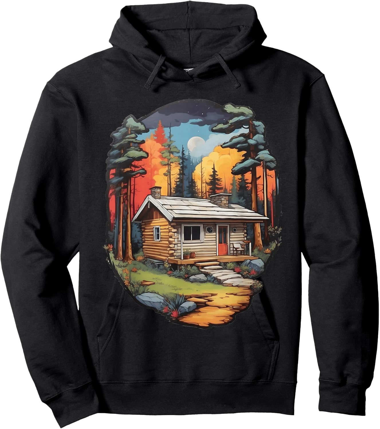 Tranquil Forest Log Cabin - Colorful Woods Scene Hoodie - Hoodie | Black