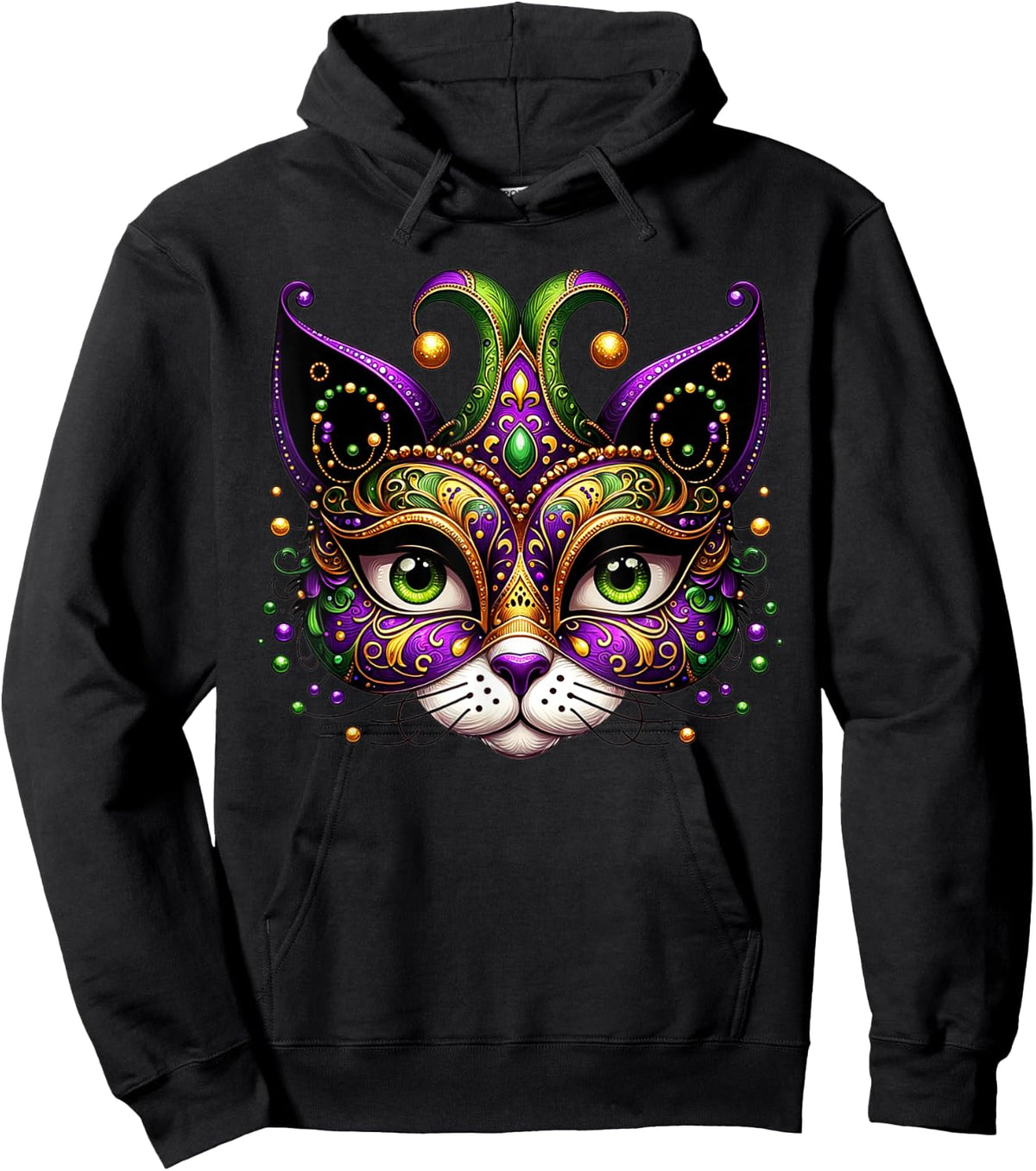 Meowdy Gras Cat Kitten Masquerade Mardi Gras Beads Women Hoodie - Hoodie | Black