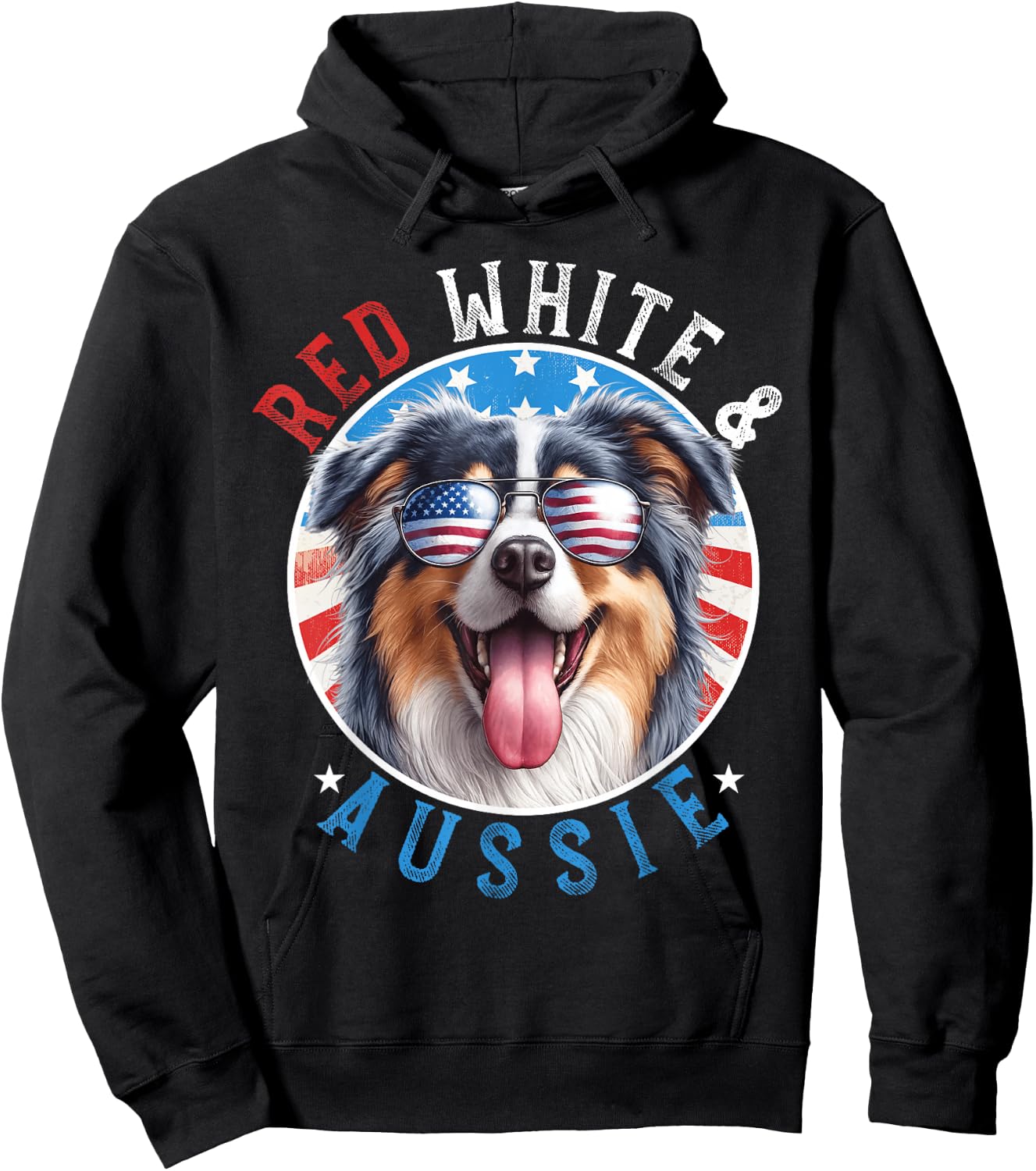 Australian Shepherd Dog 4th of July Red White and Aussie Kids Men Hoodie - Hoodie | Black