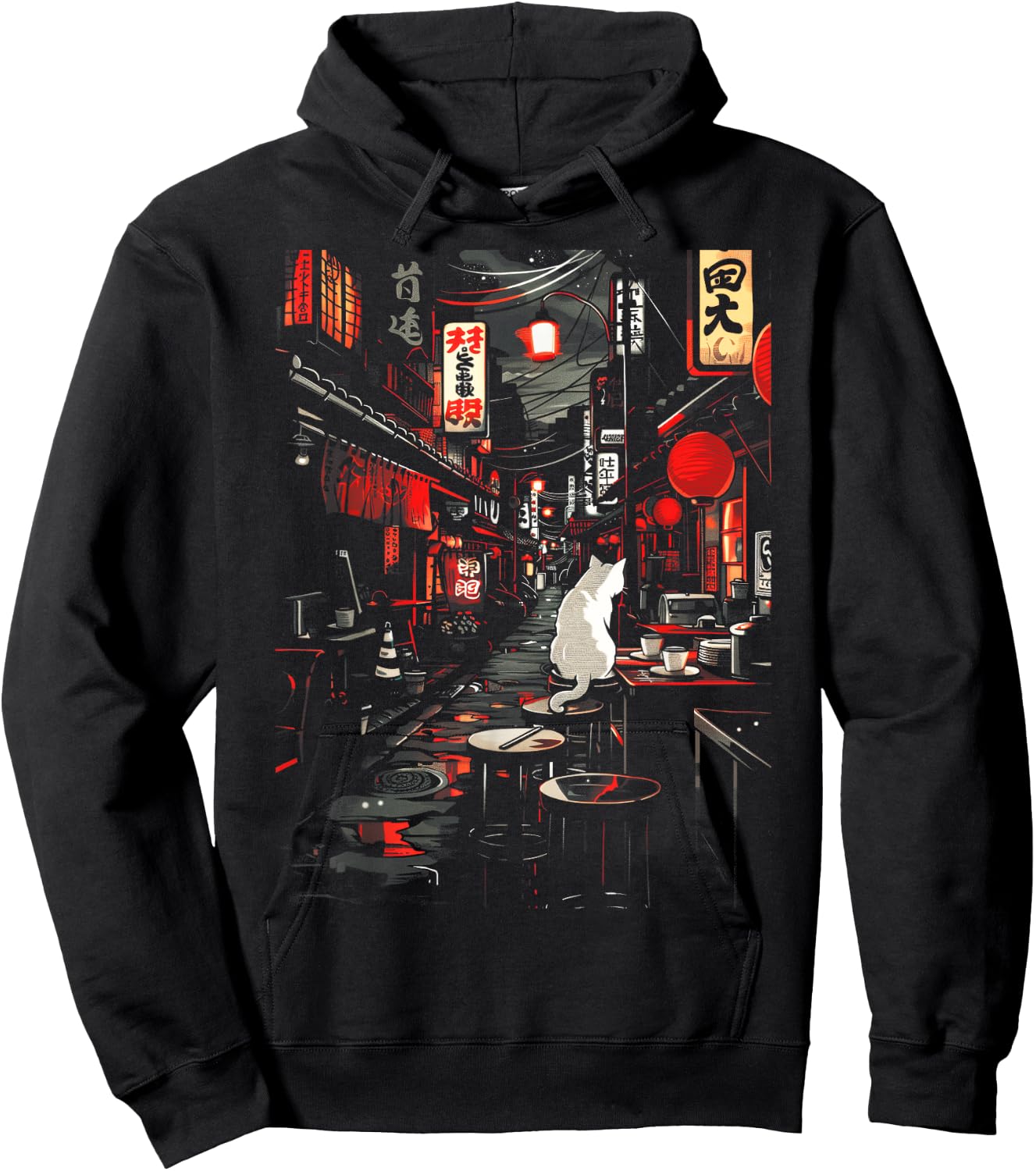 Japanese City Vintage Cat Sushi Japanese street Men Women Hoodie - Hoodie | Black