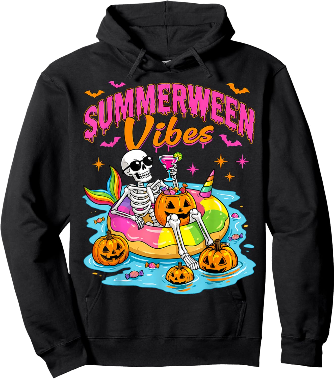 Summerween Funny Skeletons Halloween Floating Pool Pumpkin Hoodie - Hoodie | Black