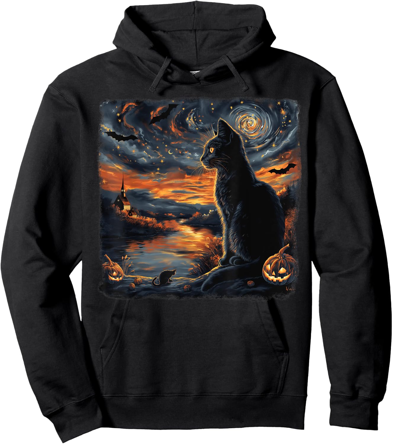 Halloween Van Gogh Starry Night Black Cat Pumpkins Bats Women Kids Hoodie - Hoodie | Black