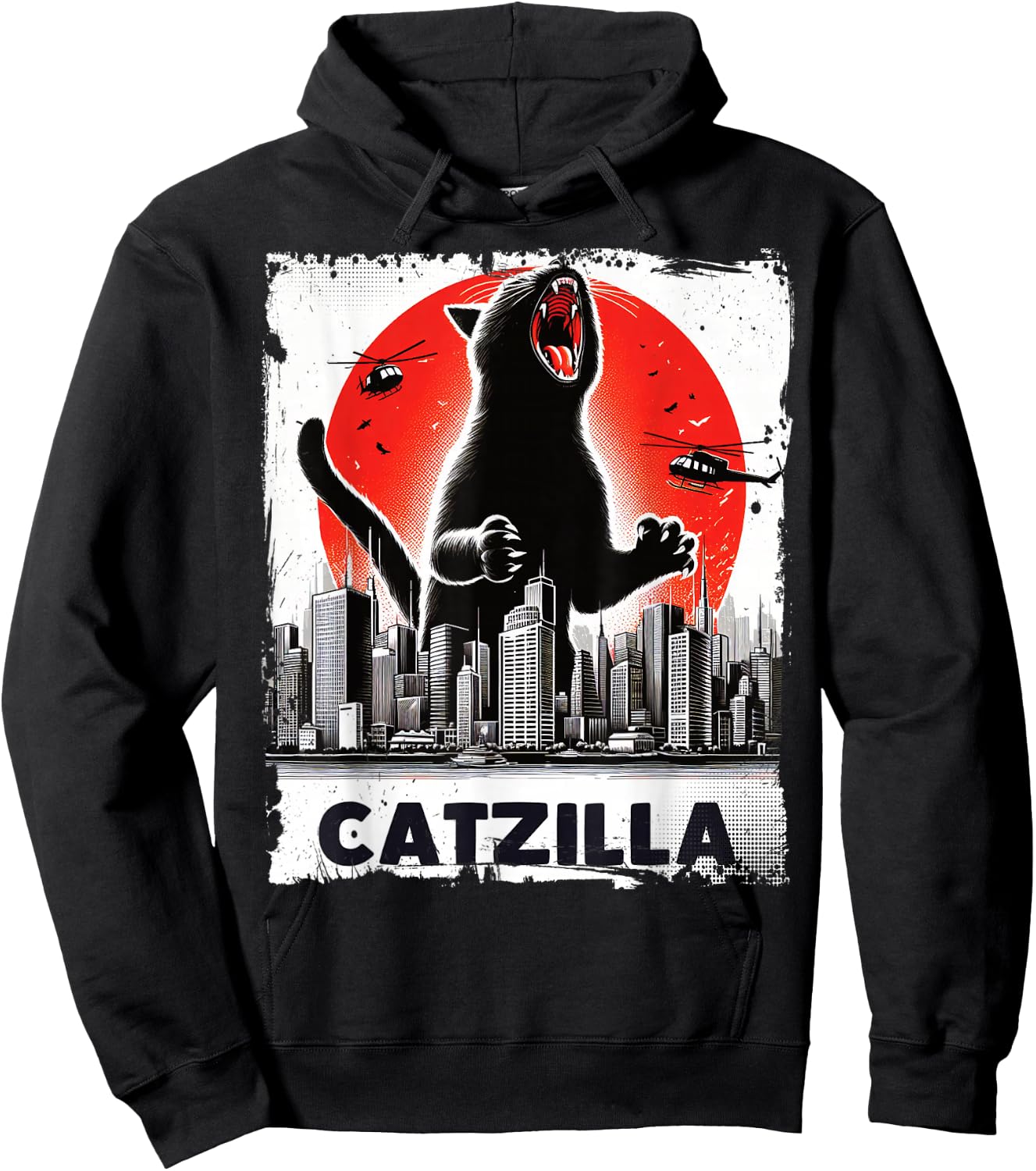 Catzilla Roaring Over City Skyline Cat Monster Kitten Kitty , Small, Black Hoodie - Hoodie | Black