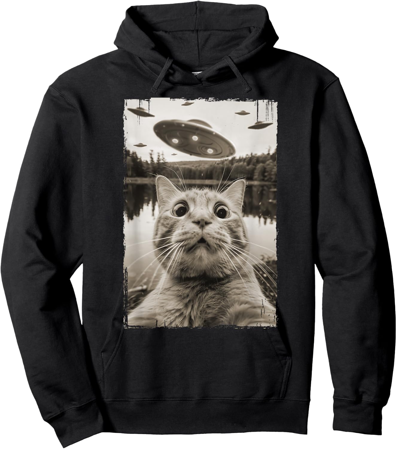 Vintage Cat UFO Encounters - Funny UFO and Cat Selfie Women Kids Hoodie - Hoodie | Black