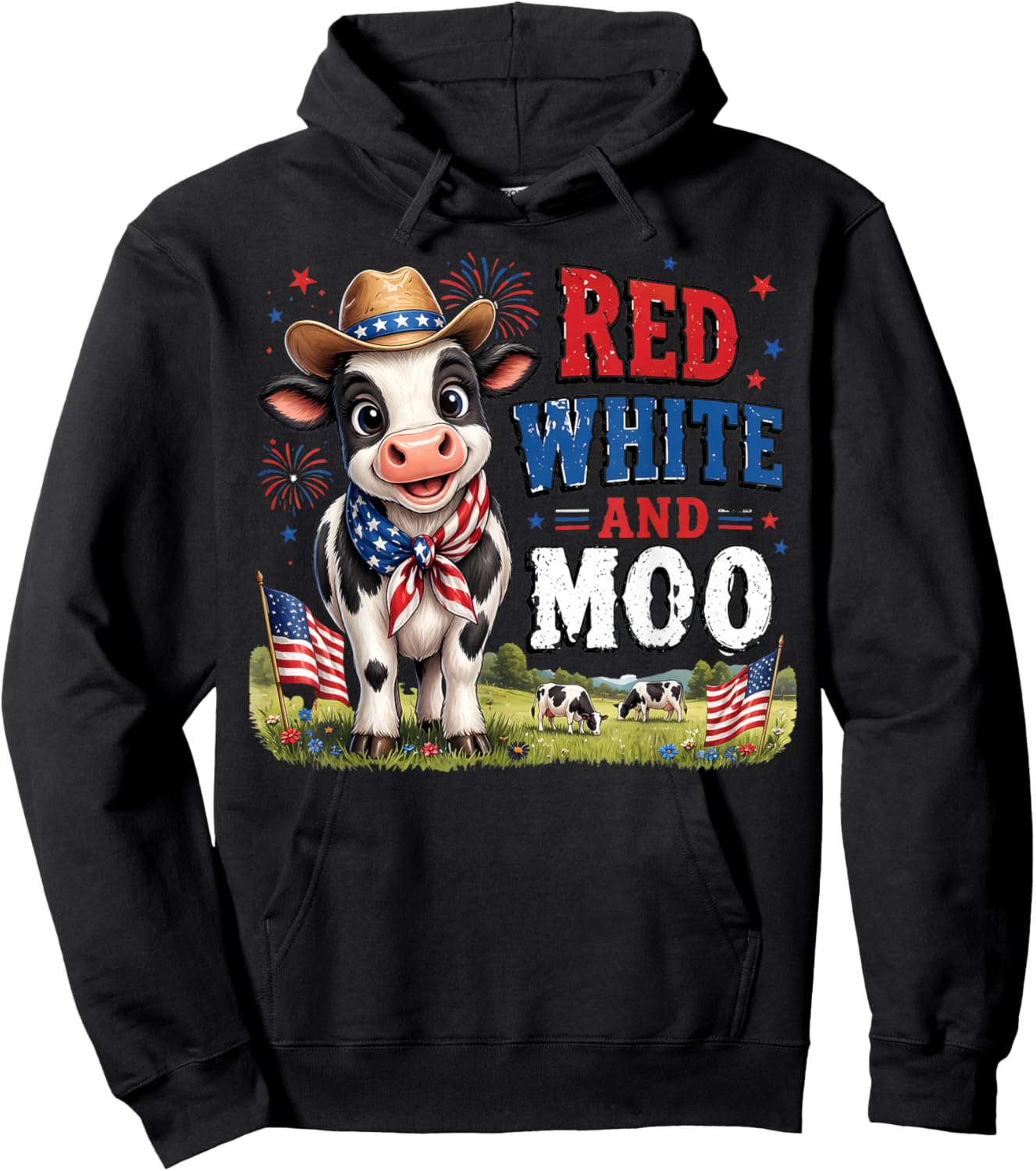 Red White and Moo Funny Cow 4th July Farm Life Independence Hoodie - Hoodie | Black