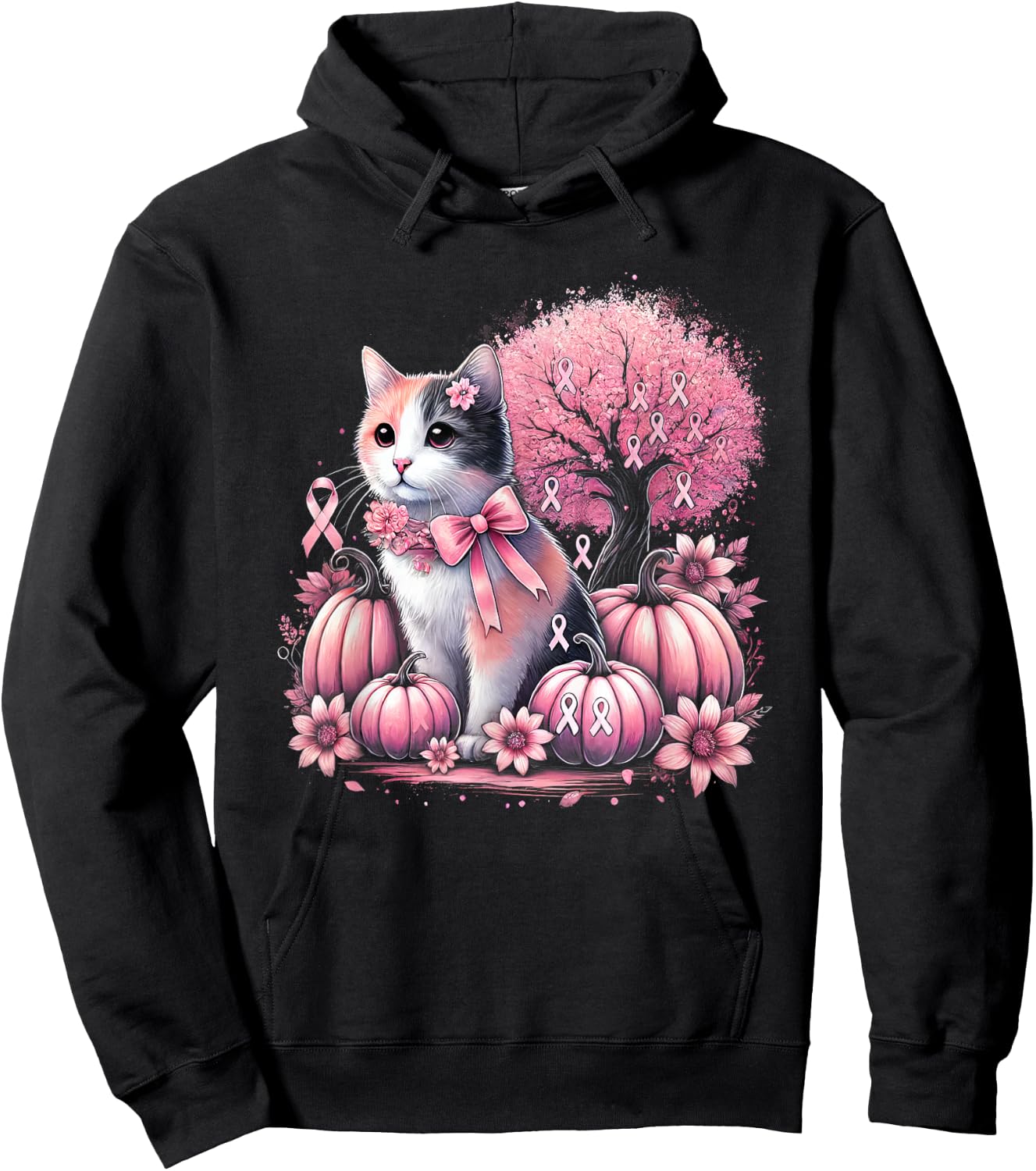 Cat Pink Flower Breast Cancer Awareness Men Women Kids Hoodie - Hoodie | Black