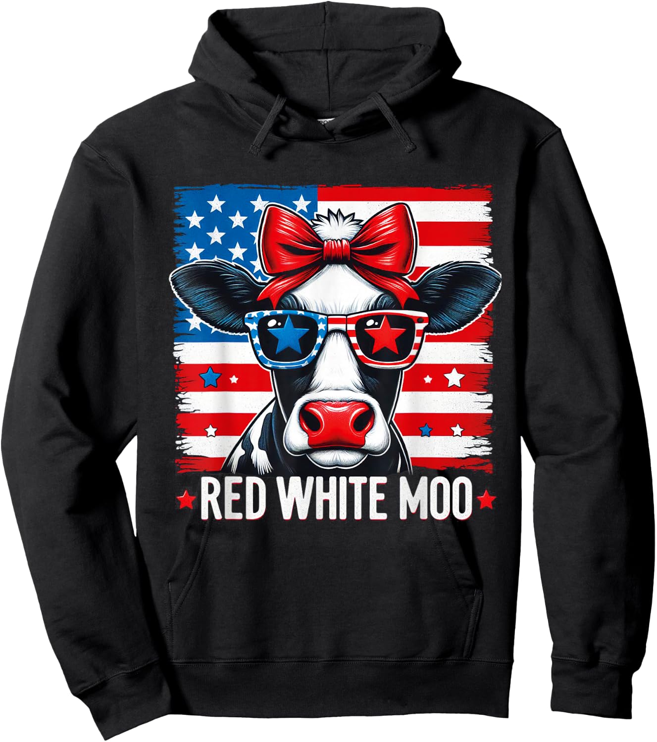 Patriotic Cow USA Flag 4th of July Red and White and Moo Hoodie - Hoodie | Black