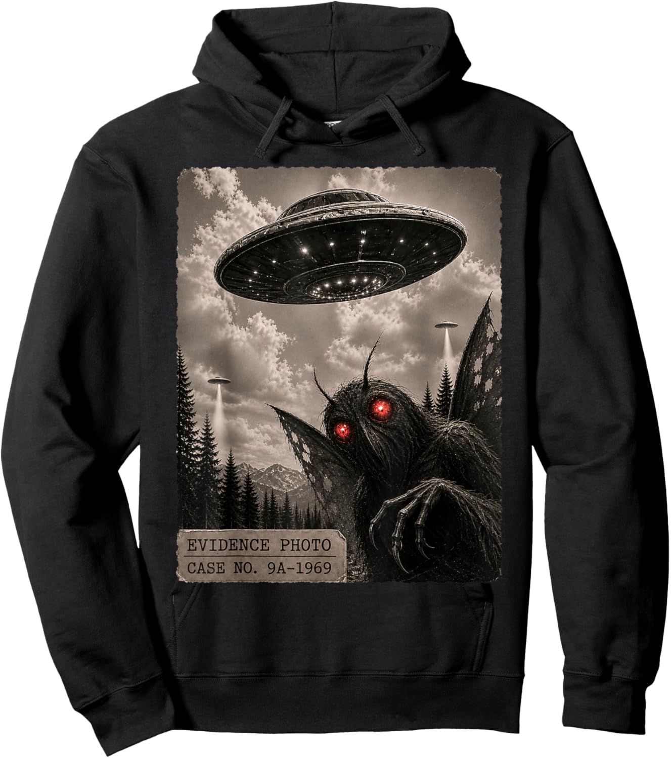 Funny Mothman Alien UFO Vintage Evidence Photo Hoodie - Hoodie | Black