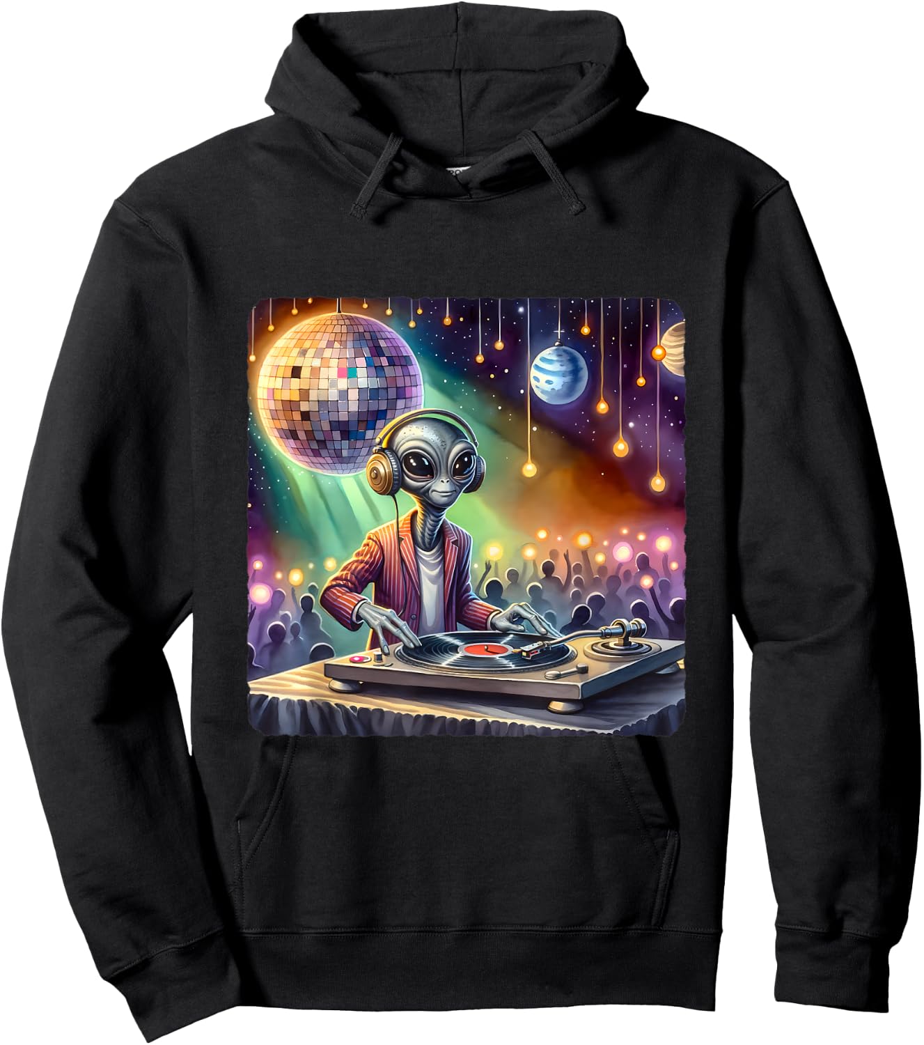 Alien Dj Under Mirror Ball Moon. Turntable Planets Lights Hoodie - Hoodie | Black