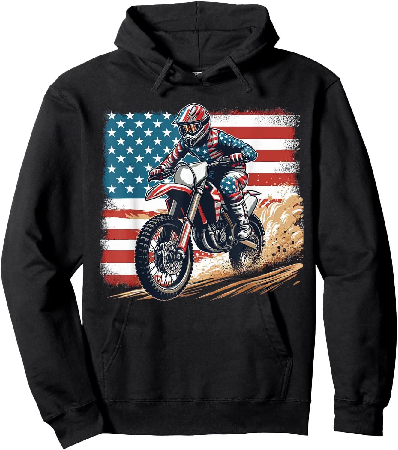 Dirt Bike American Flag Motocross Biker Men Boys Vintage USA Hoodie - Hoodie | Black
