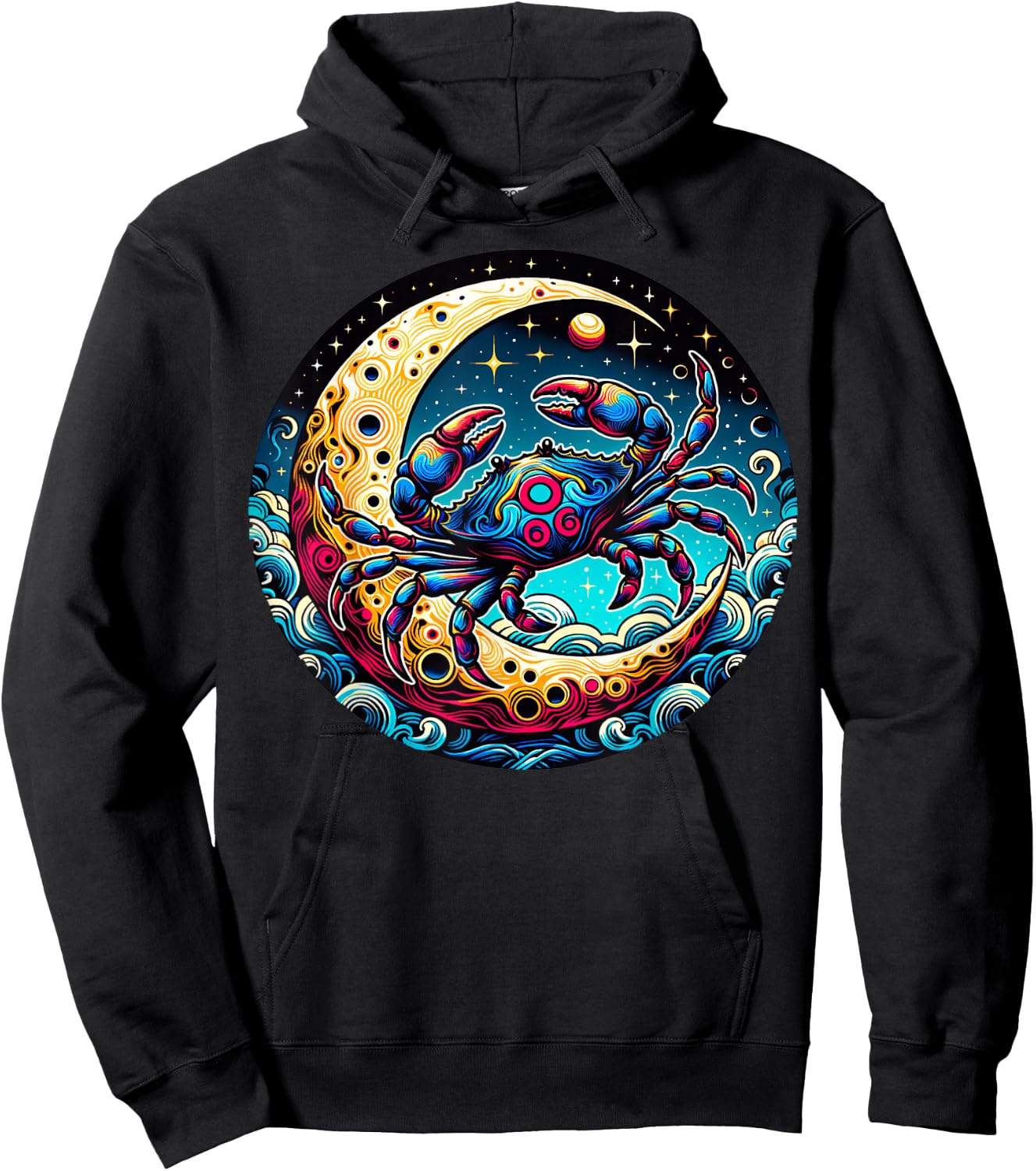 Colorful Abstract Crab On Crescent Moon With Waves And Stars Hoodie - Hoodie | Black
