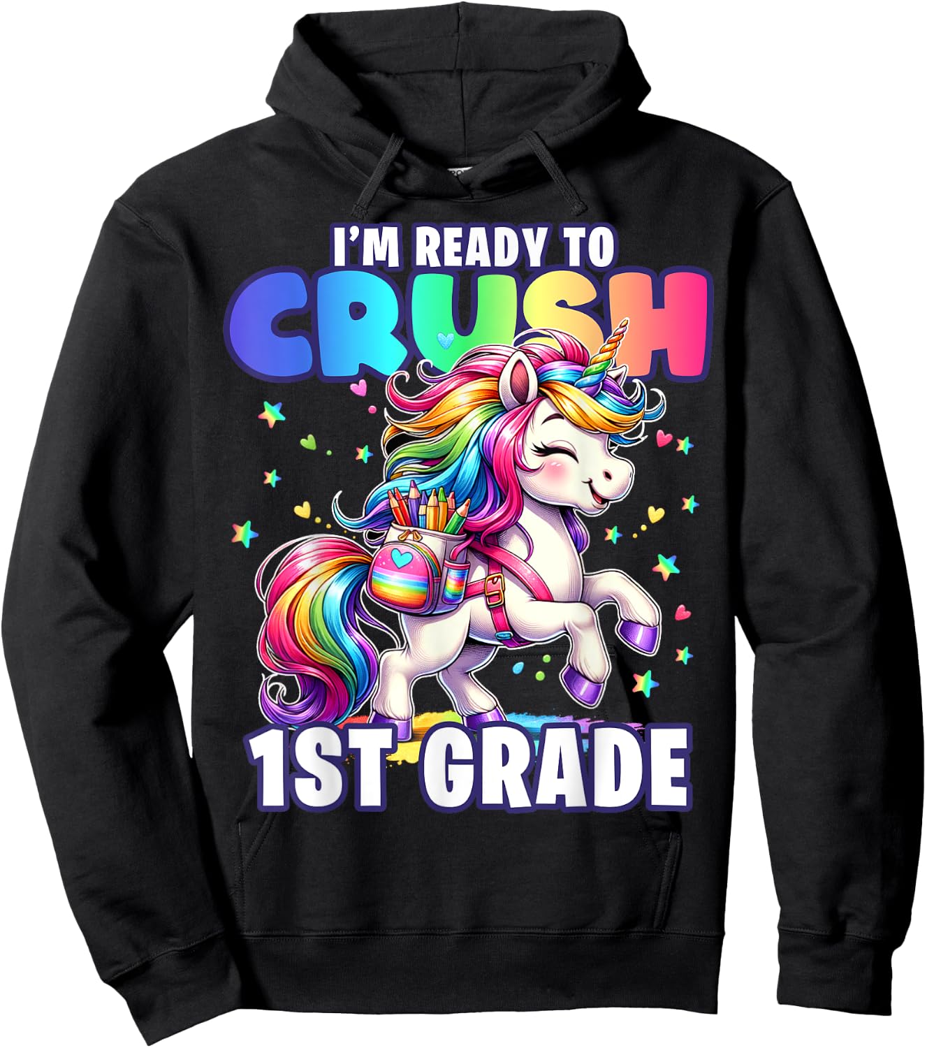 Crush 1st Grade Girls Back to School Unicorn First Day Cute Hoodie - Hoodie | Black