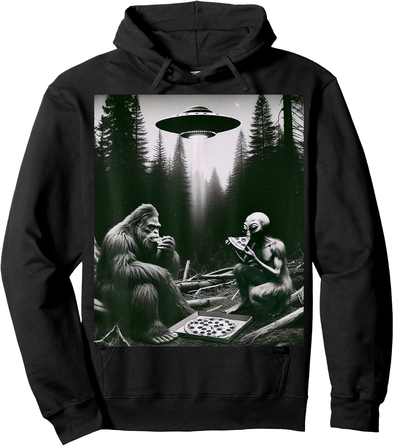 Funny Bigfoot With Alien Eating Pizza. Bigfoot And Alien UFO Hoodie - Hoodie | Black