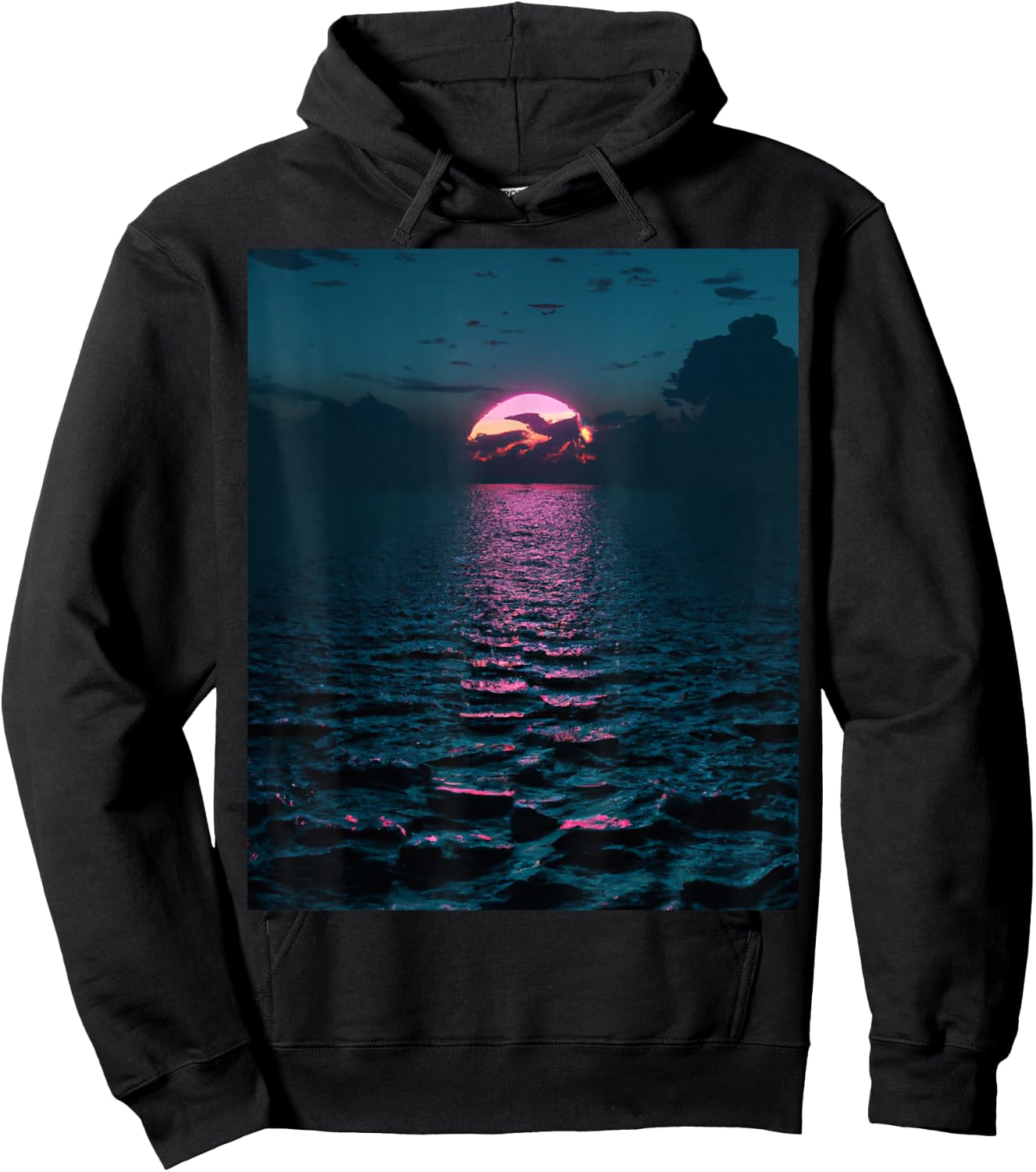 Vaporwave Aesthetic Sunset Above Dark Sea Hoodie - Hoodie | Black