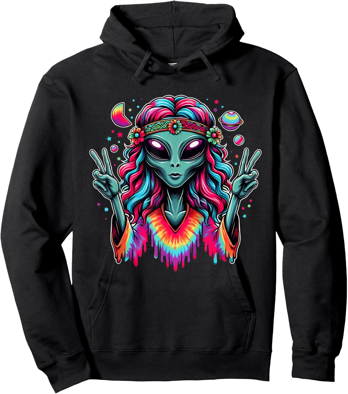 Tie Dye Alien Peace Sign Funny Boho Hippie Hoodie - Hoodie | Black