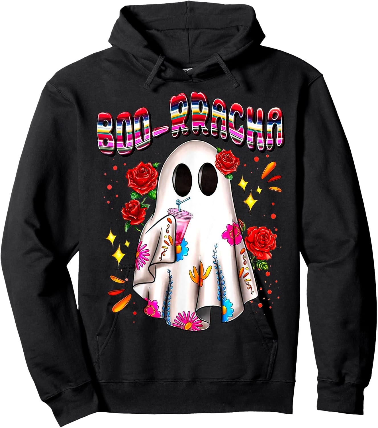 BOO-rracha Serape Ghost, Mexican Serape Ghost Halloween Hoodie - Hoodie | Black