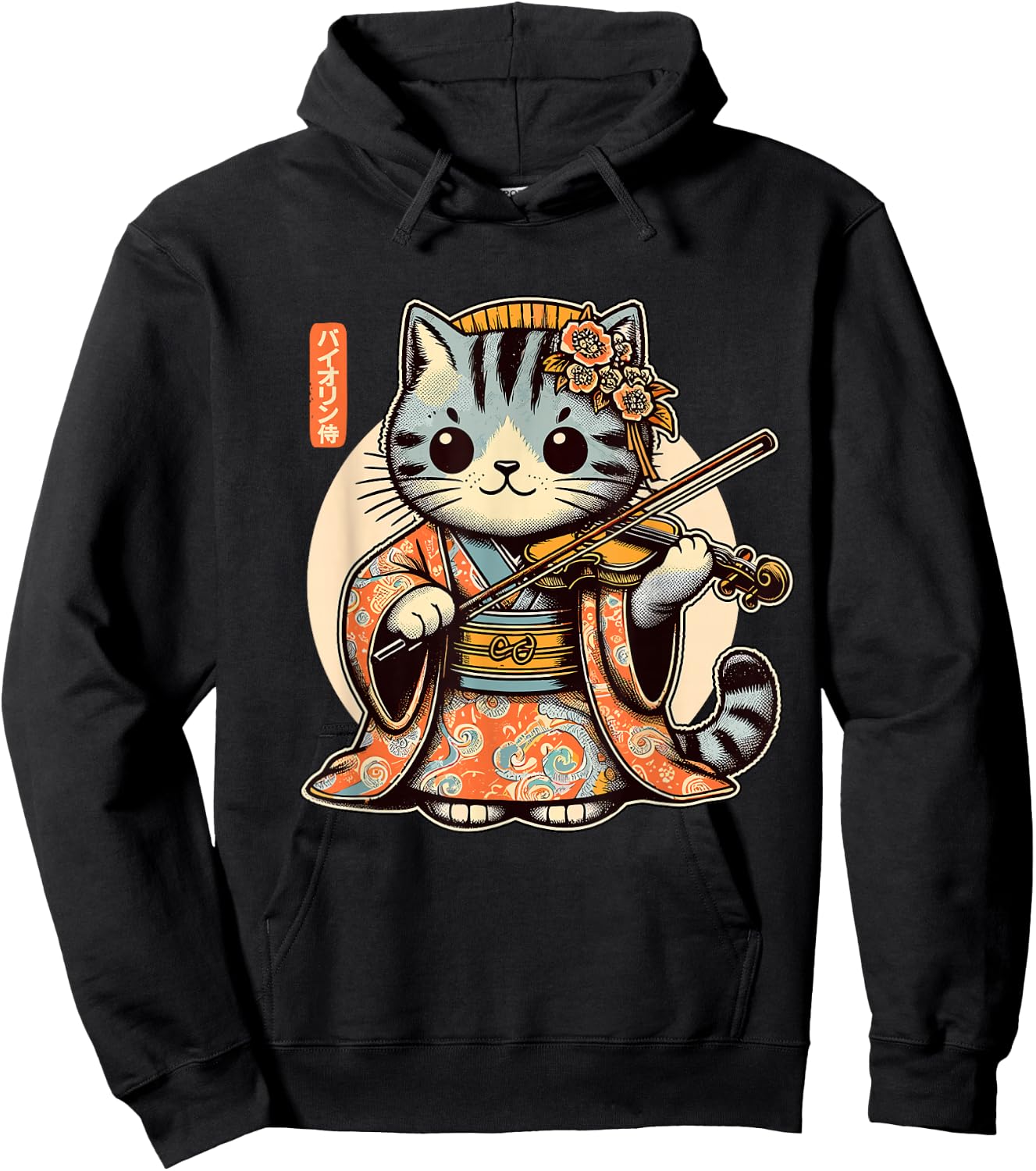 Japanese Samurai Cat Playing The Violin Hoodie - Hoodie | Black