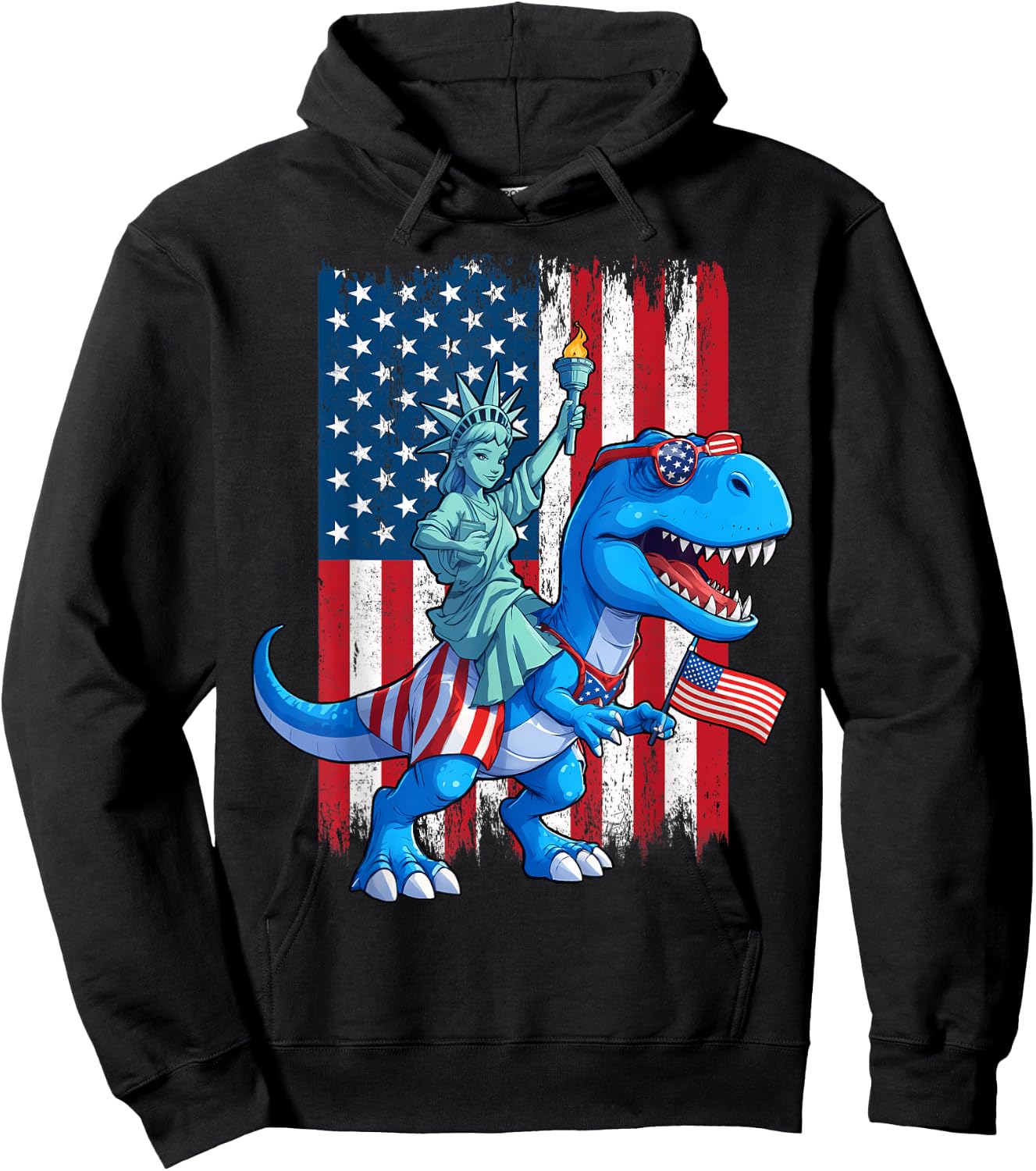 Dino Statue Of Liberty 4th Of July TRex American Flag Boys Hoodie - Hoodie | Black