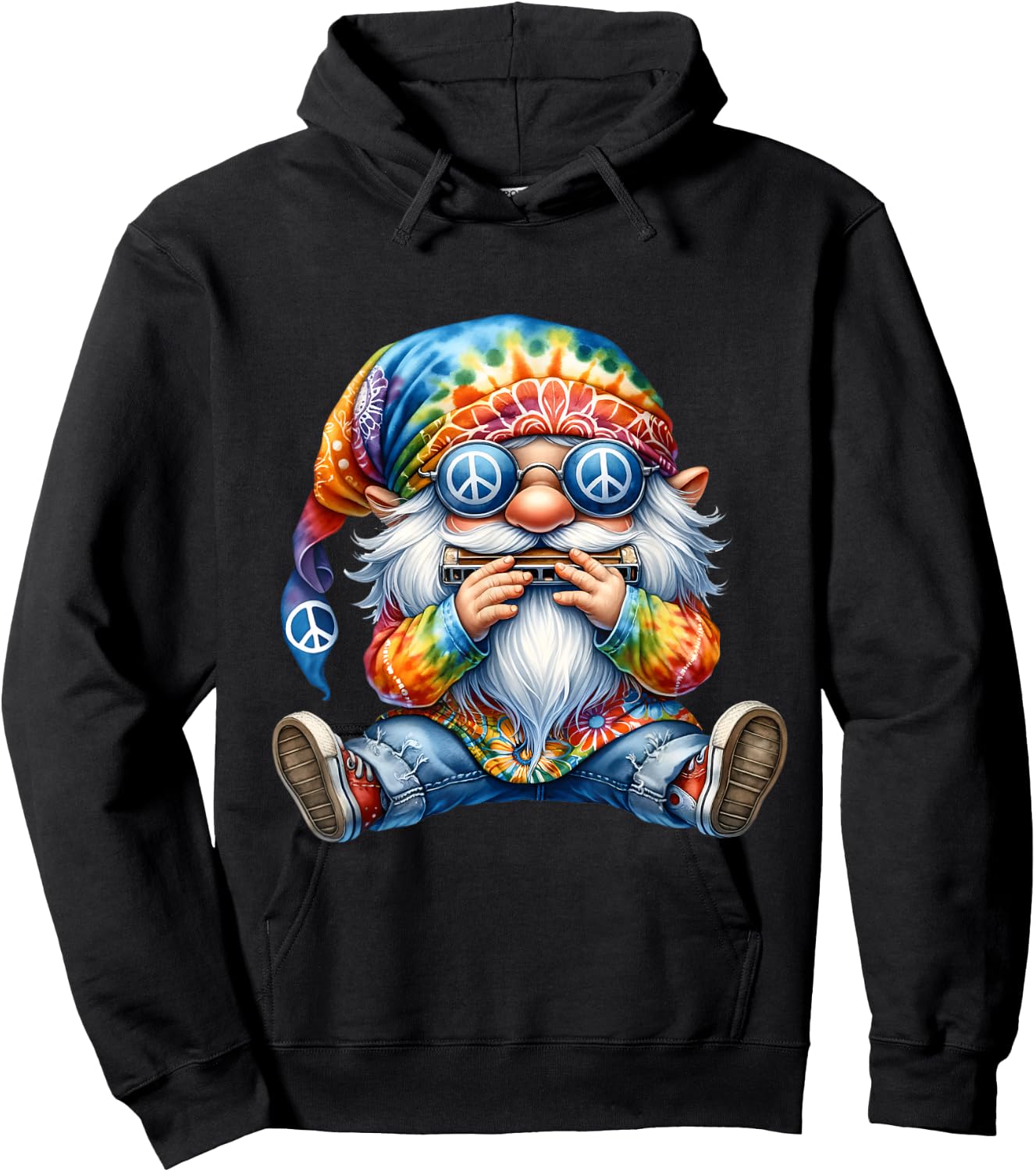 Groovy Hippie Gnome With Harmonica For Adults Funny Dad Life Hoodie - Hoodie | Black