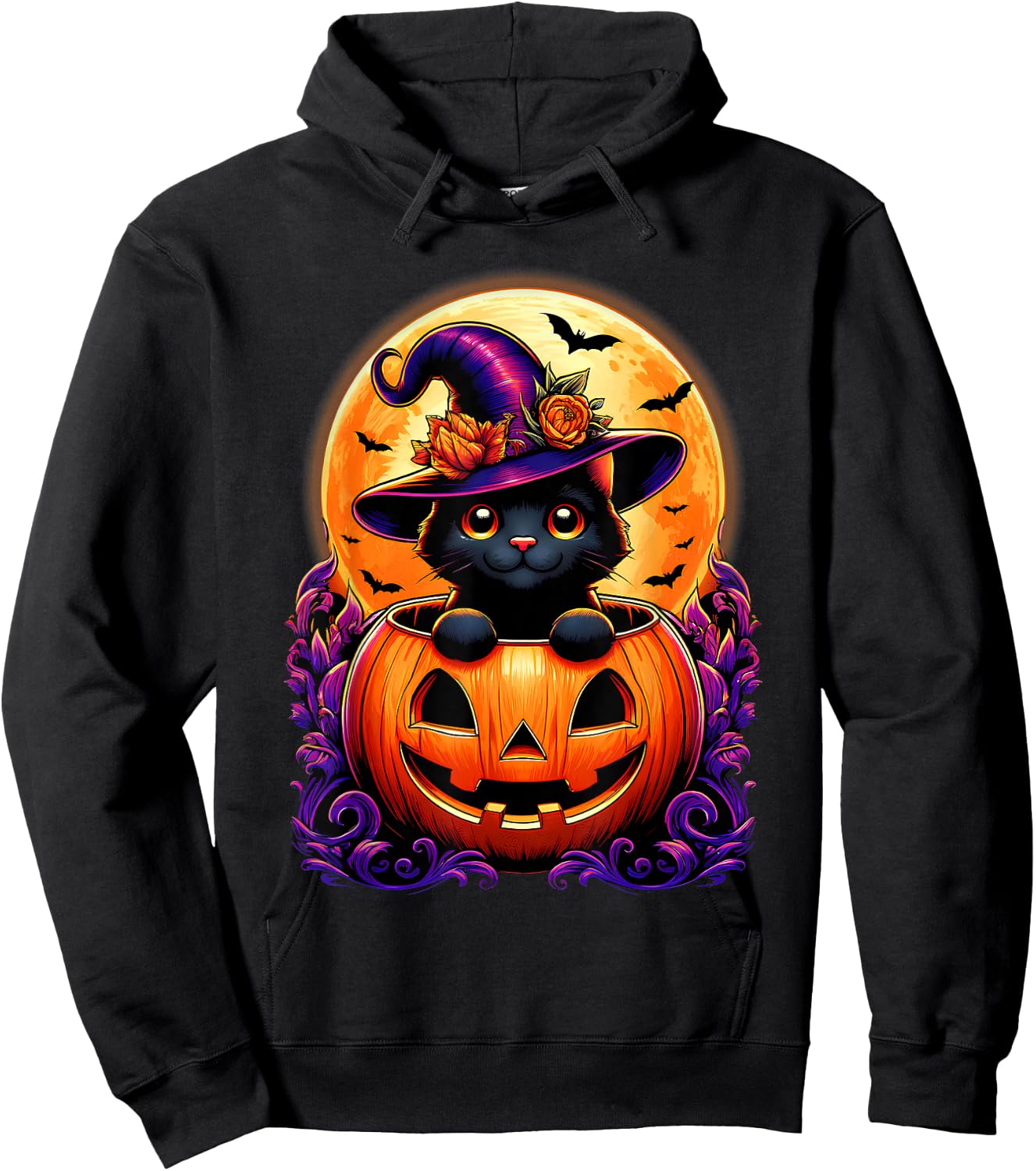 Black Cat Witch Hat Pumpkin Funny Halloween Men Women Kids Hoodie - Hoodie | Black