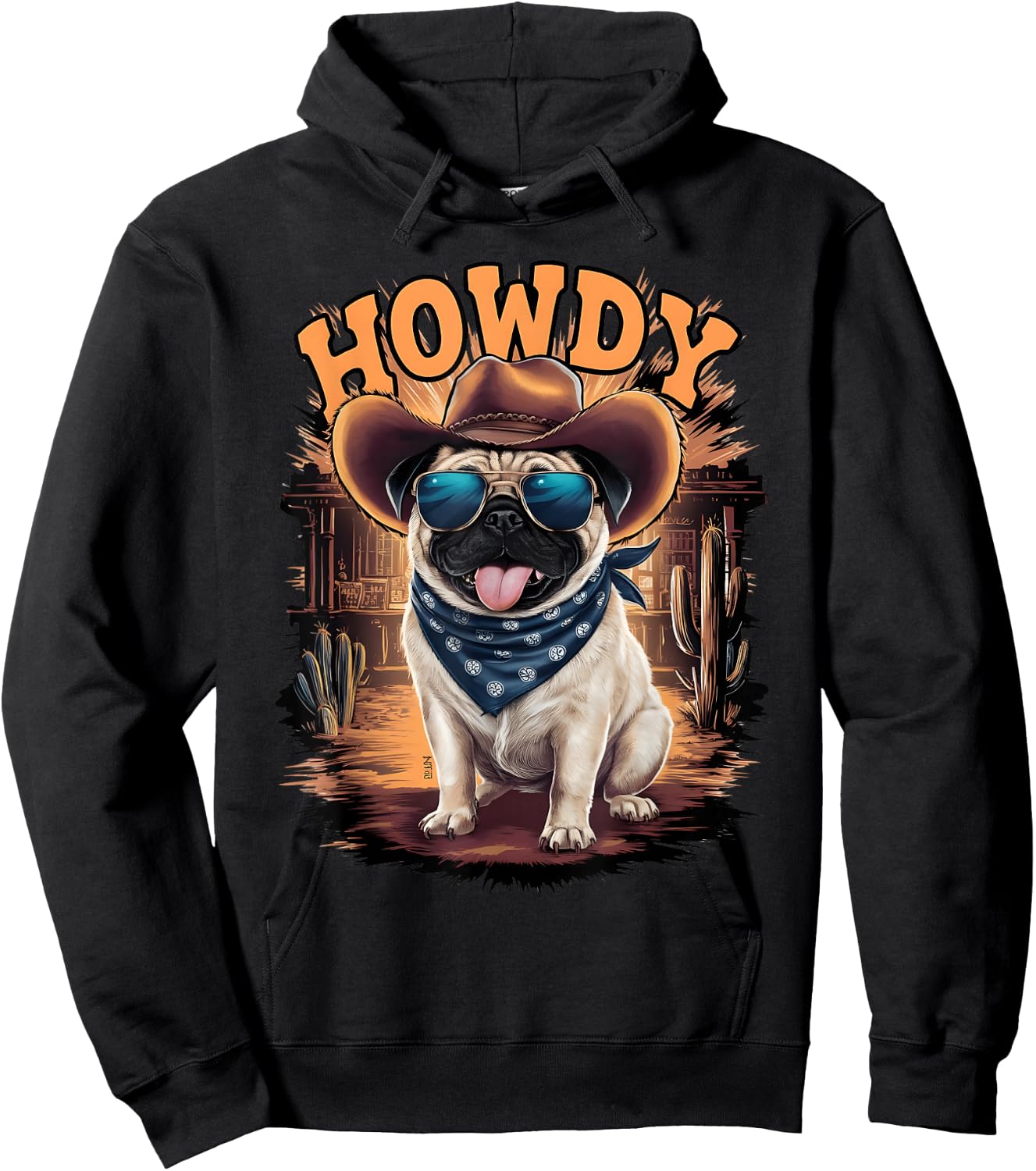 Pug Funny Cowboy Cowgirl Western Country Animal Hoodie - Hoodie | Black
