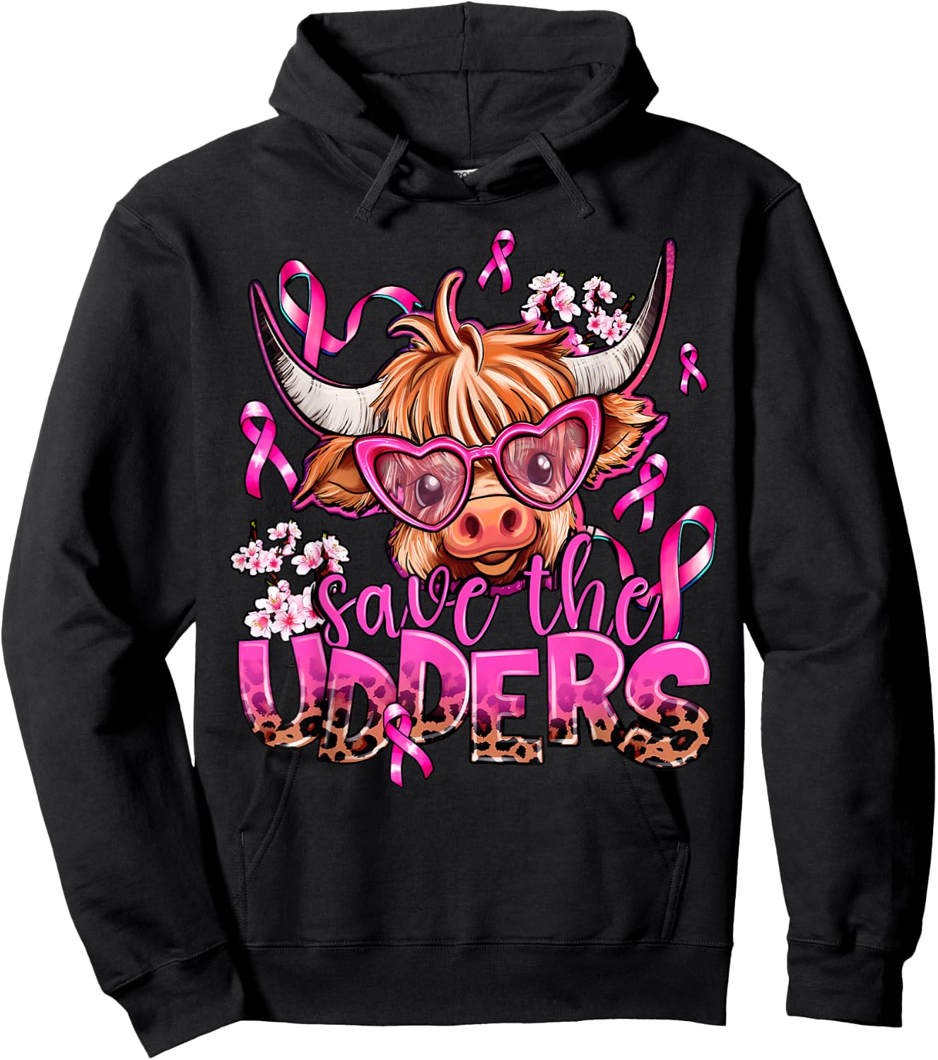 Save The Udders Highland Cow Pink Breast Cancer Awareness Hoodie - Hoodie | Black