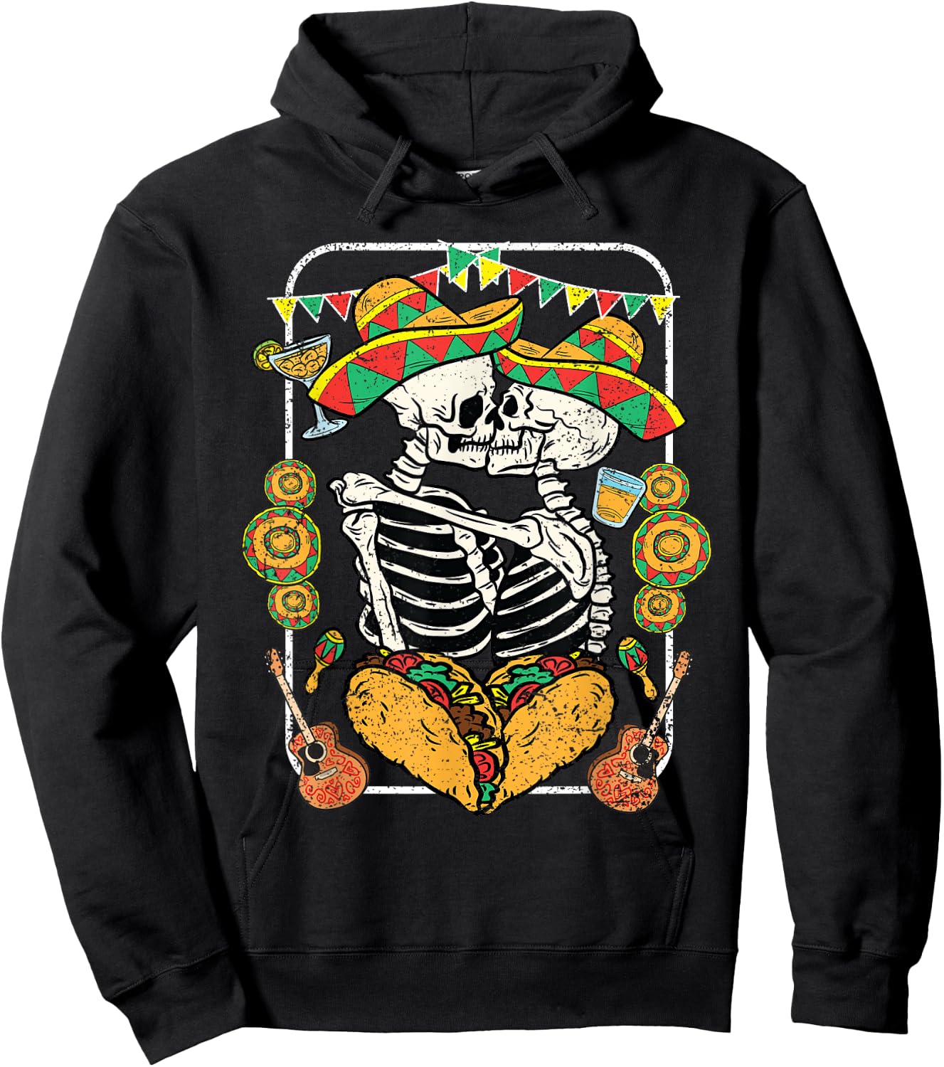 Skeleton Kissing Cinco De Mayo Mexican Sombrero Taco Heart Hoodie - Hoodie | Black