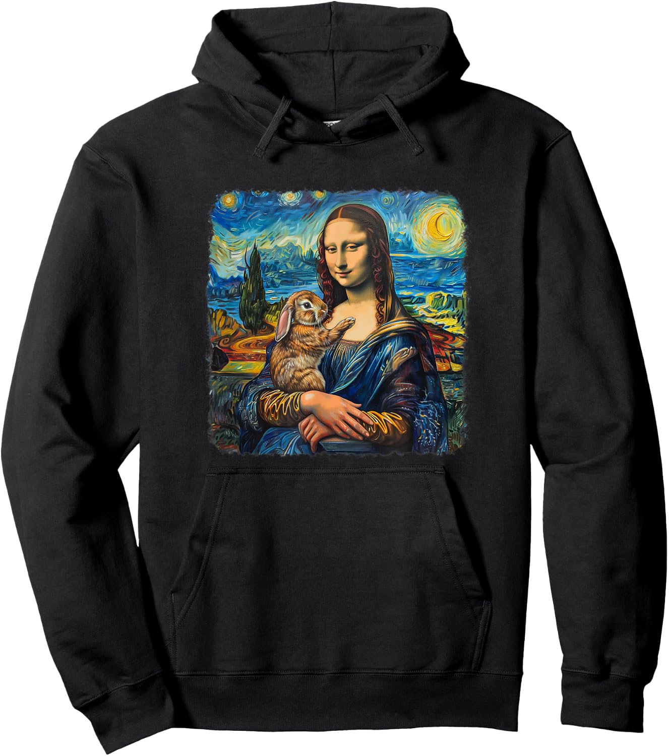 Mona Lisa with Rabbit Van Gogh Starry Night Painting Hoodie - Hoodie | Black