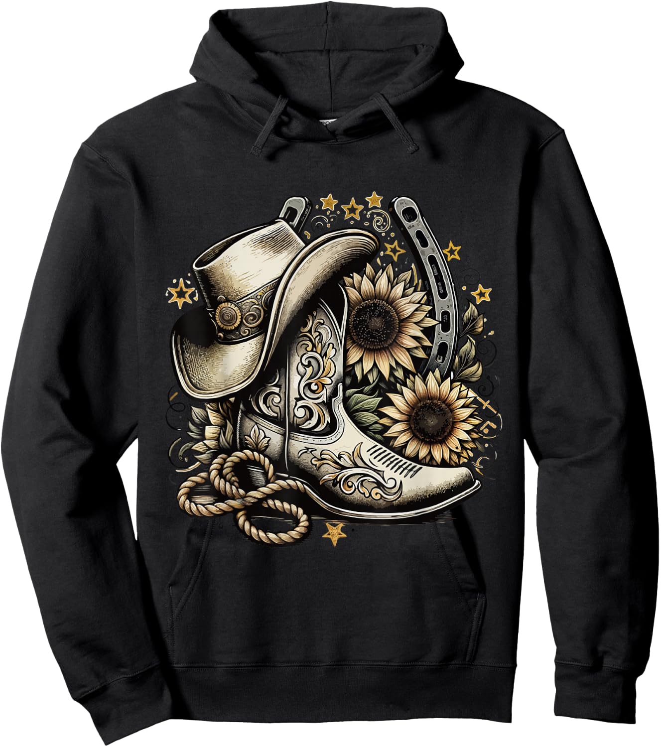 Western Cowboy Boot Horseshoe Sunflower Rope Cowgirl country , Small, Black Hoodie - Hoodie | Black
