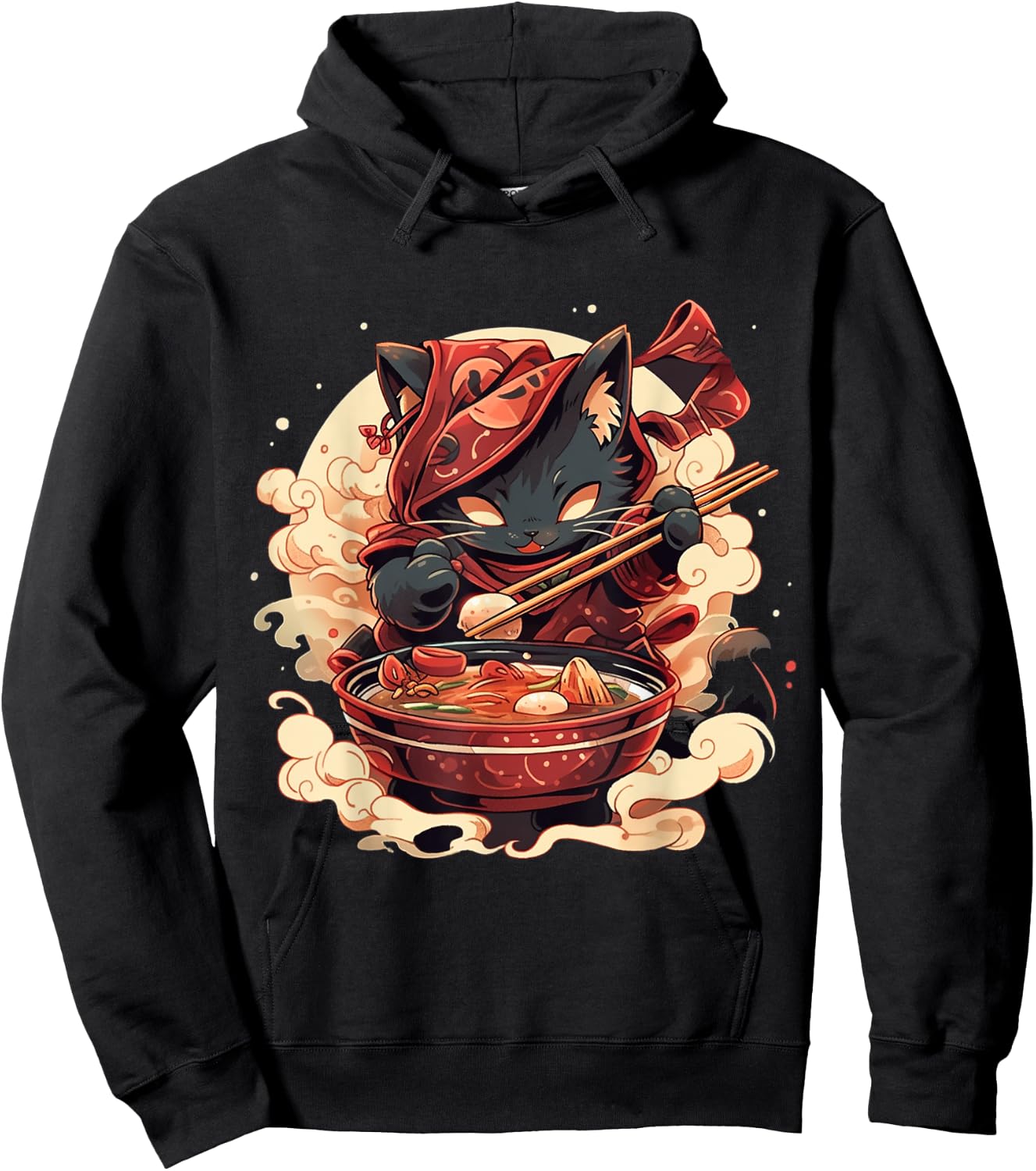 Japanese Art Ramen Cat Ninja Ukiyo-e Anime Style Samurai Cat Hoodie - Hoodie | Black