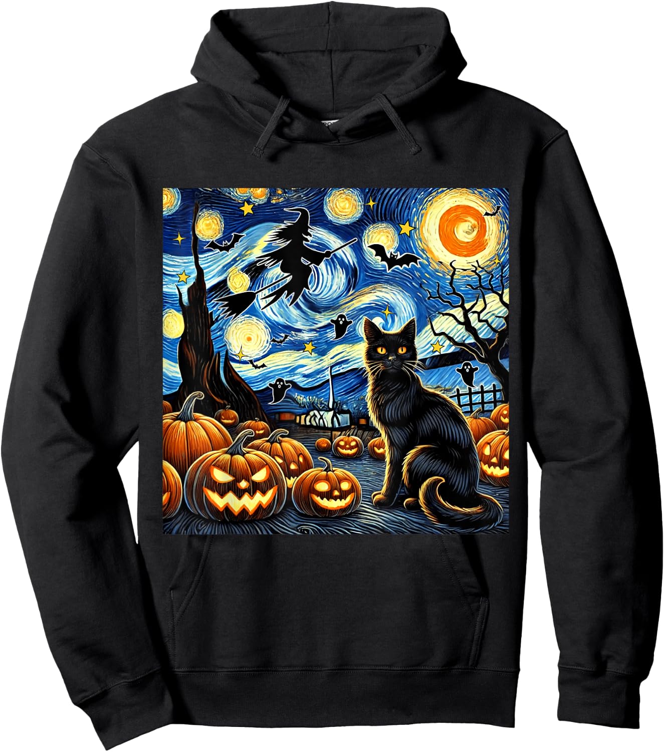 Halloween Cat Van Gogh Starry Night Witch Bats Pumpkin Women Kids Hoodie - Hoodie | Black