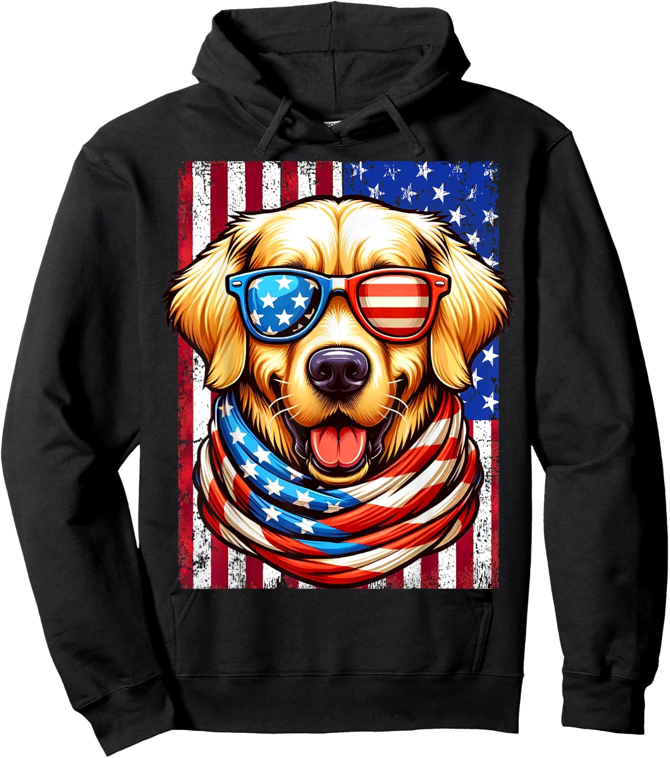 Golden Retriever Dog USA Flag American Patriotic 4th of July Hoodie - Hoodie | Black