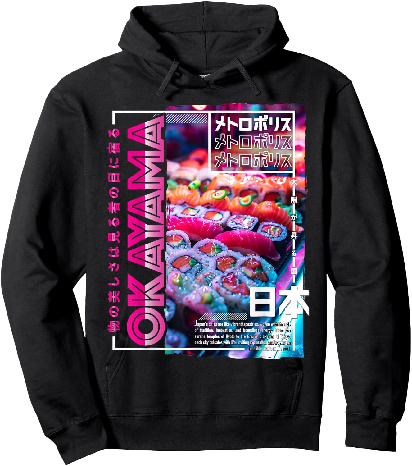 Okayama City 80s Synthwave Sushi Japan Okayama Hoodie - Hoodie | Black